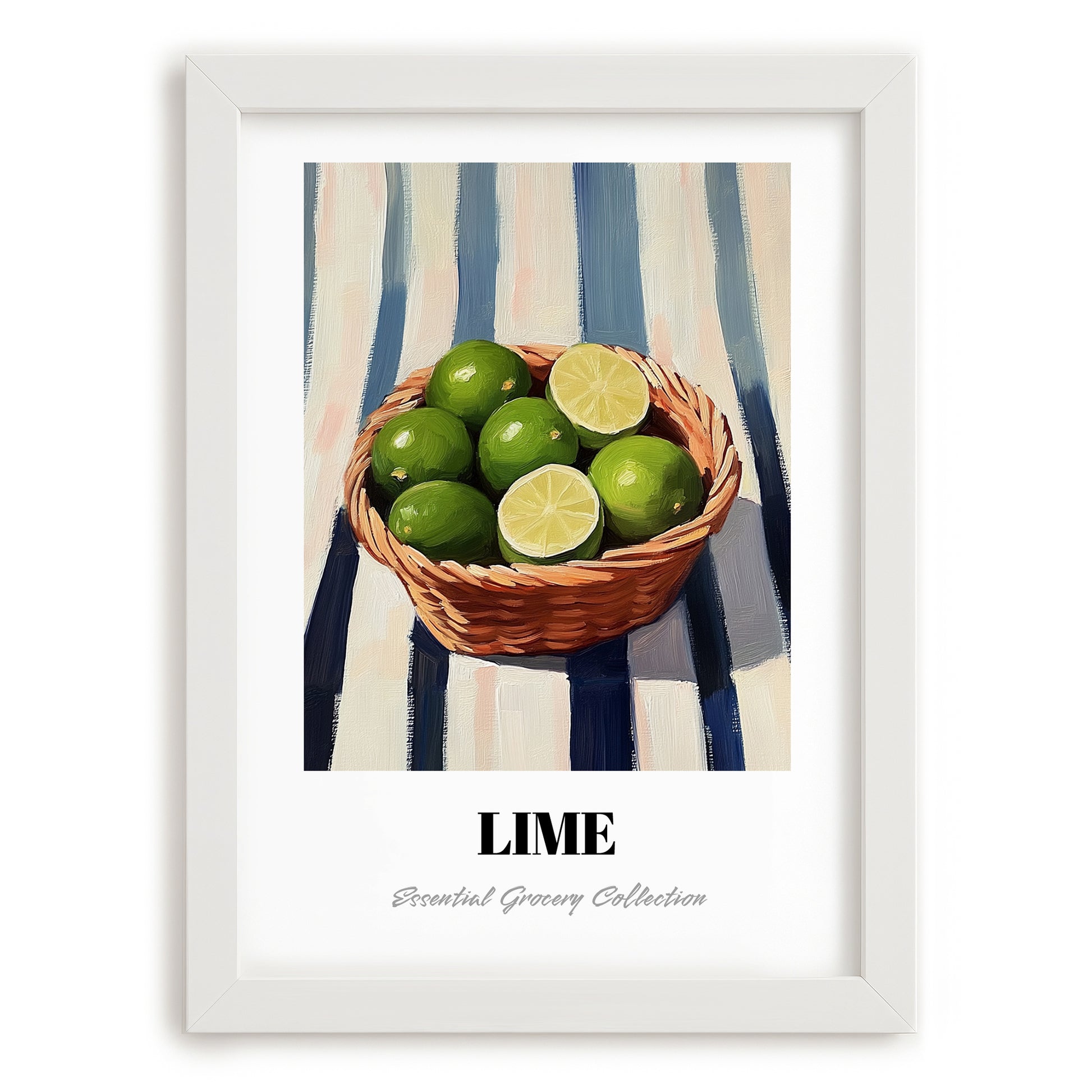Lime – on Striped Tablecloth, Fruit Painting, placed in minimal white frame