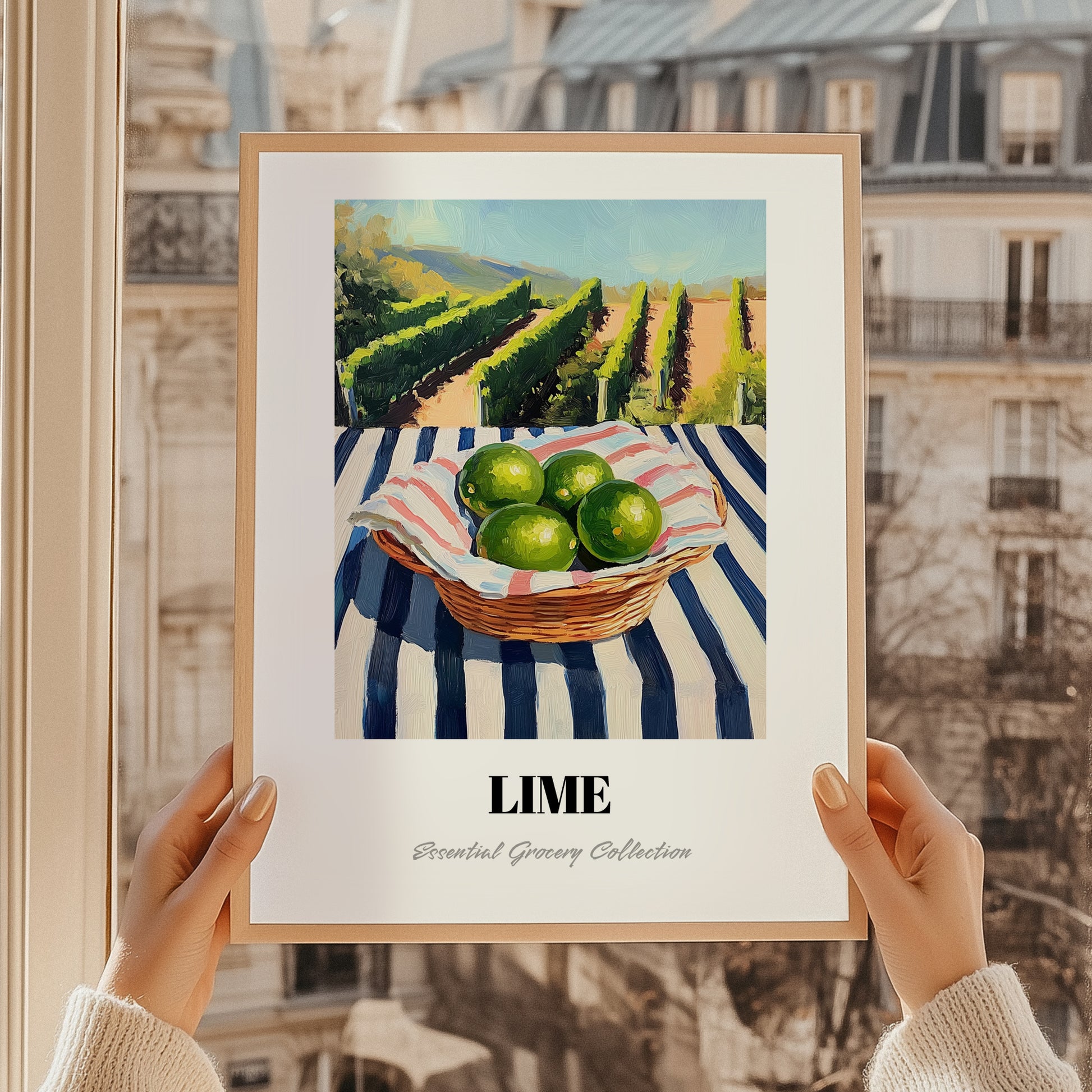 Lime – Green Valley Landscape, Fruit Poster, styled in a charming Paris street view