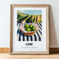 Lime – Green Valley Landscape, Fruit Poster, in wooden frame leaning on the floor
