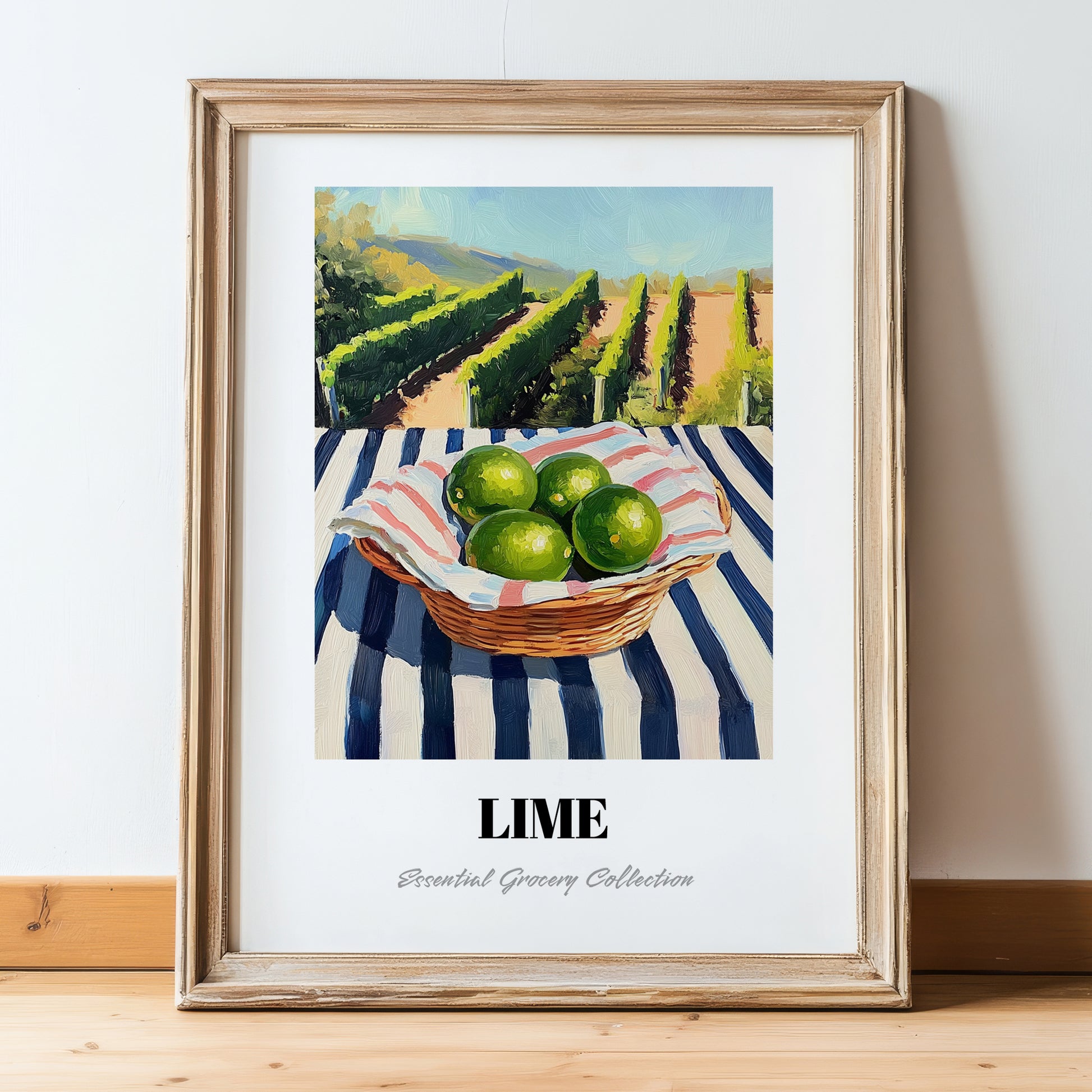 Lime – Green Valley Landscape, Fruit Poster, in wooden frame leaning on the floor