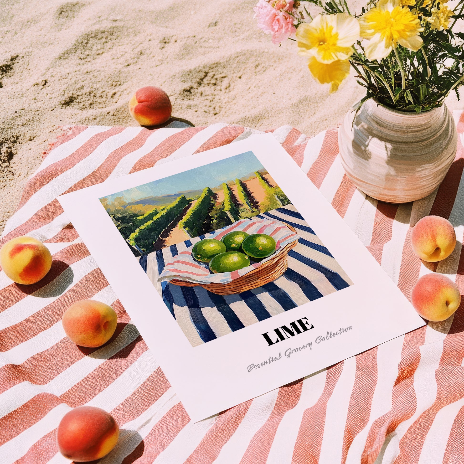Lime – Green Valley Landscape, Fruit Poster, unframed on coastal sand