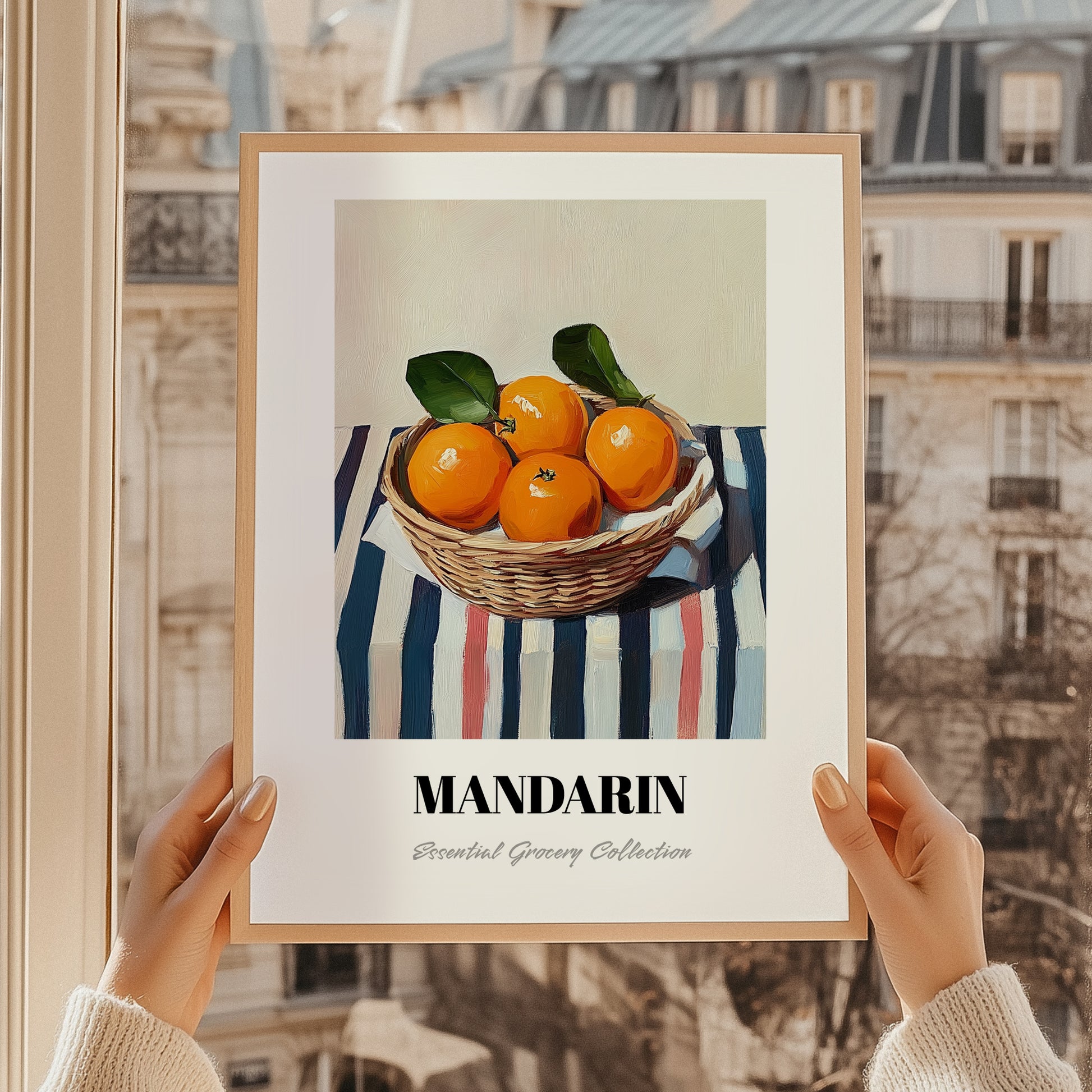 Mandarin – on Striped Tablecloth, Fruit Still Life, styled in a charming Paris street view