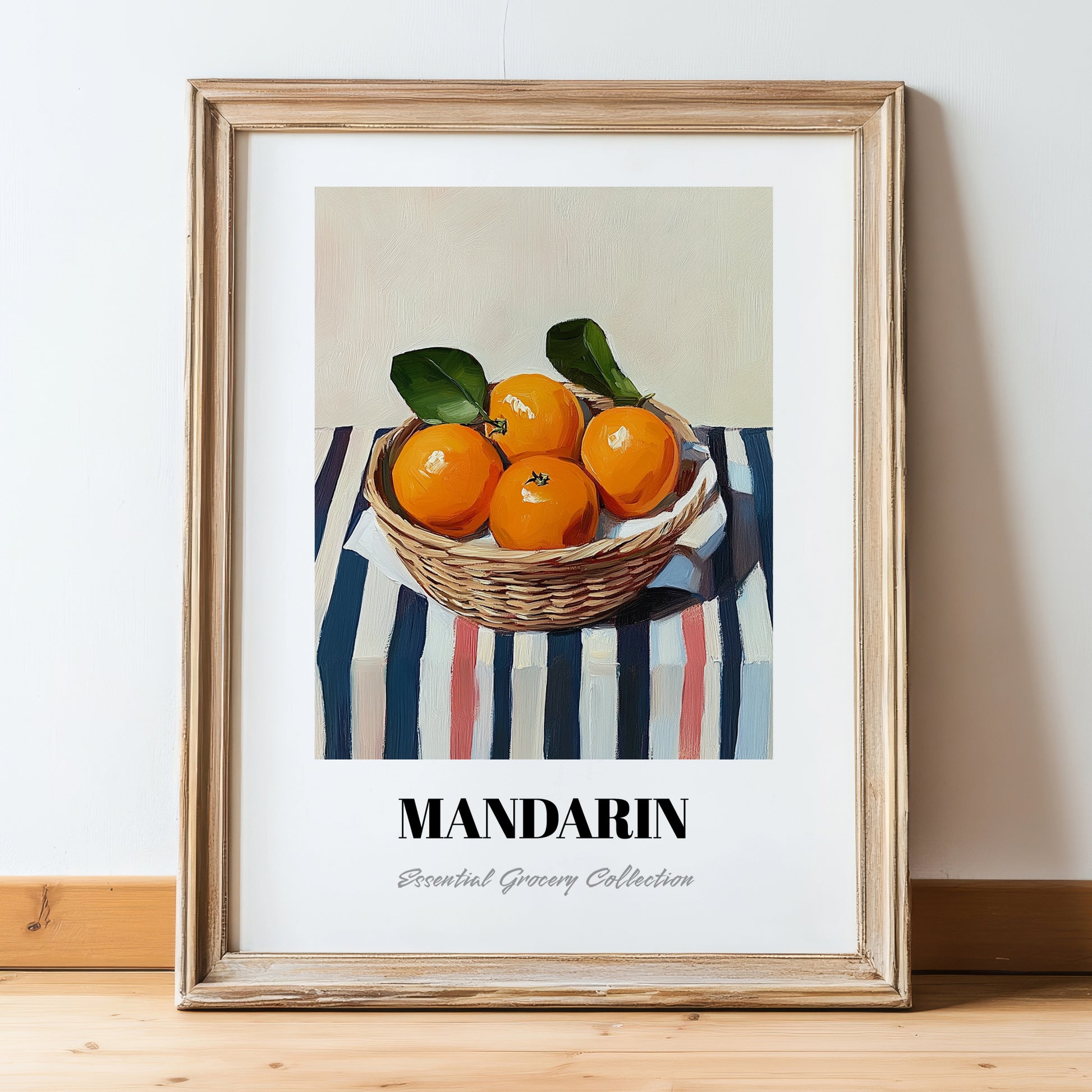 Mandarin – on Striped Tablecloth, Fruit Still Life, in wooden frame leaning on the floor