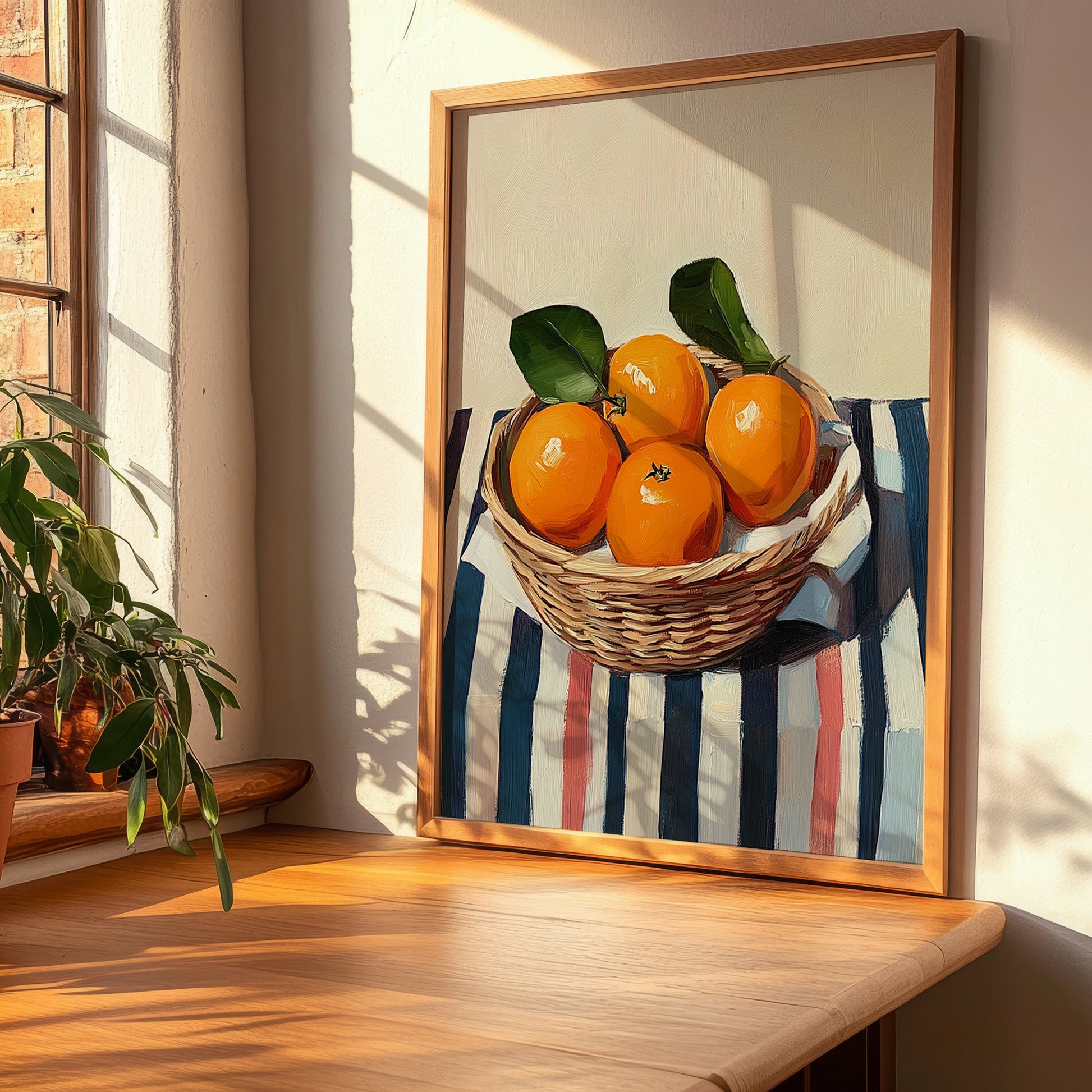 Mandarin – on Striped Tablecloth, Fruit Still Life, clean layout with no caption