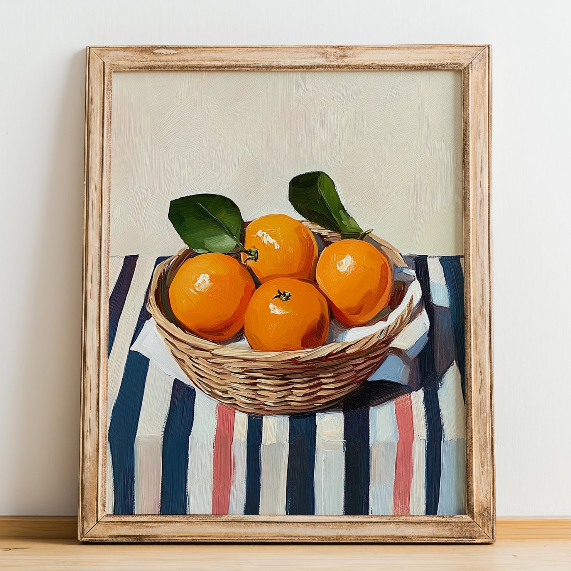 Mandarin – on Striped Tablecloth, Fruit Still Life, no-text version framed in wood
