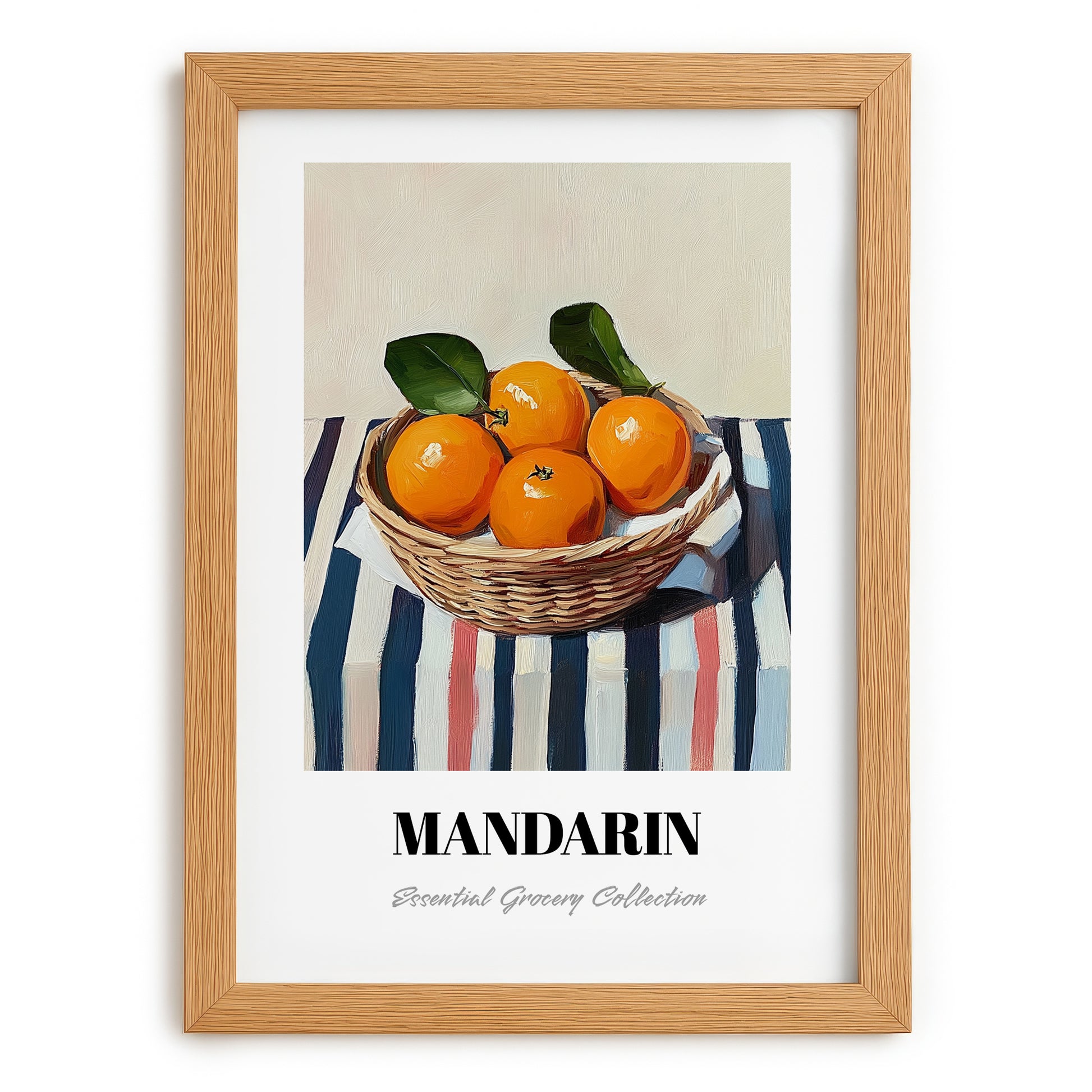 Mandarin – on Striped Tablecloth, Fruit Still Life, set in oak frame