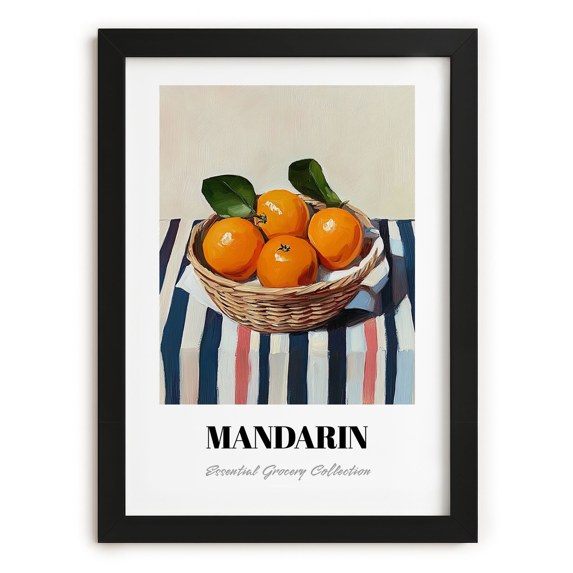 Mandarin – on Striped Tablecloth, Fruit Still Life, in sleek black frame