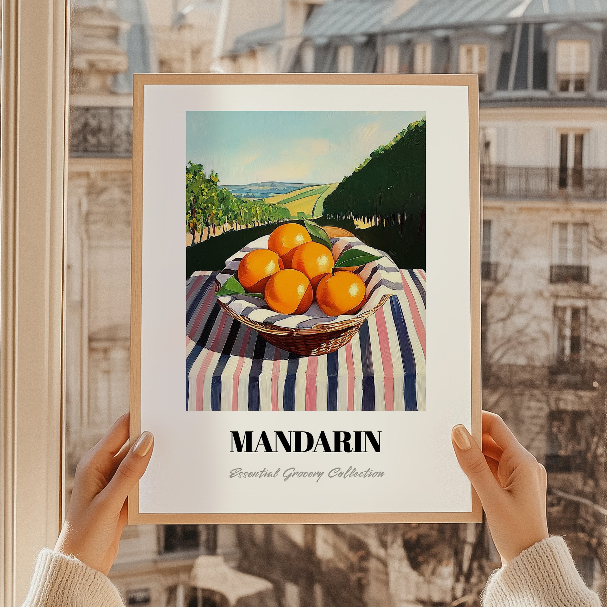 Mandarin – Green Valley Landscape, Fruit Print, styled in a charming Paris street view