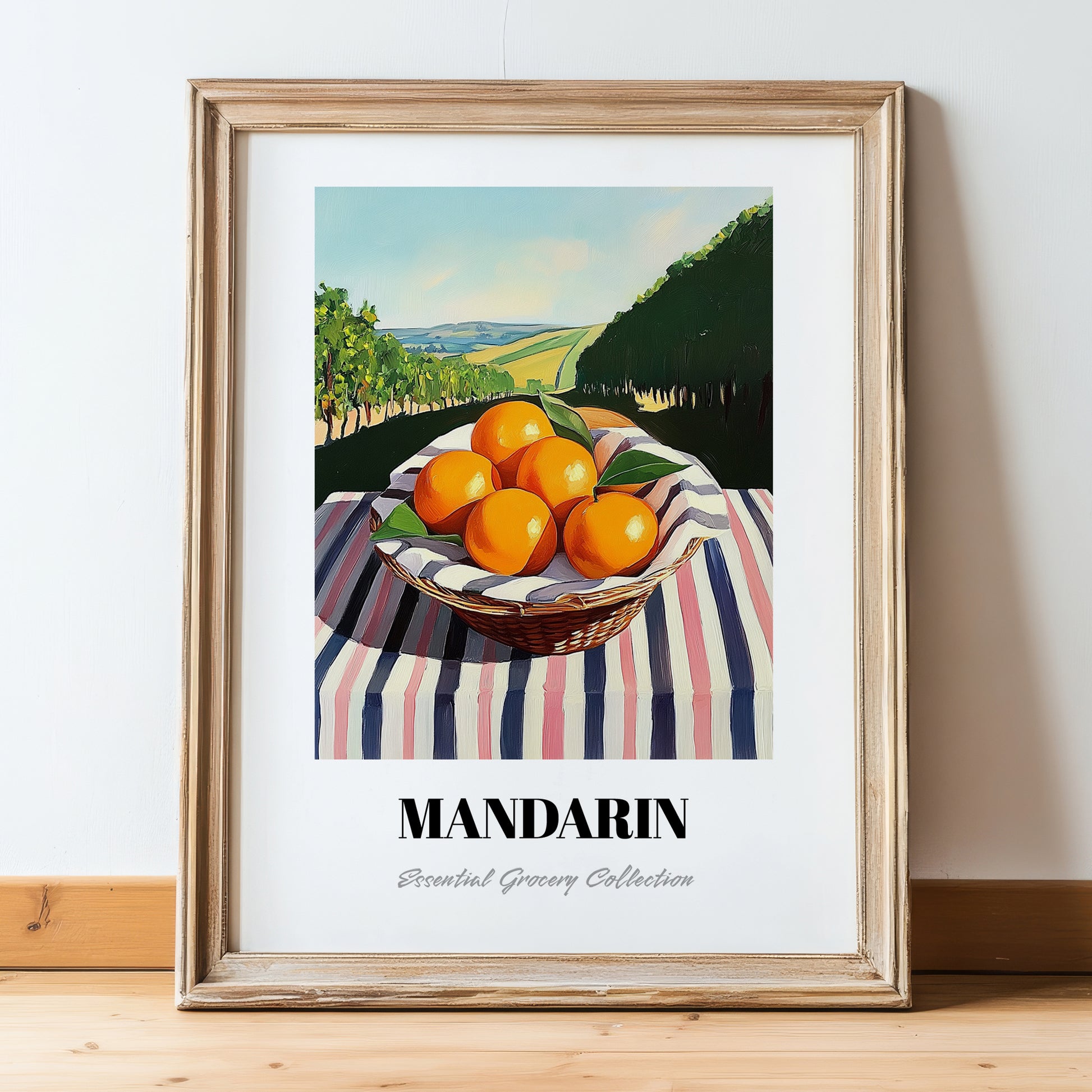 Mandarin – Green Valley Landscape, Fruit Print, in wooden frame leaning on the floor