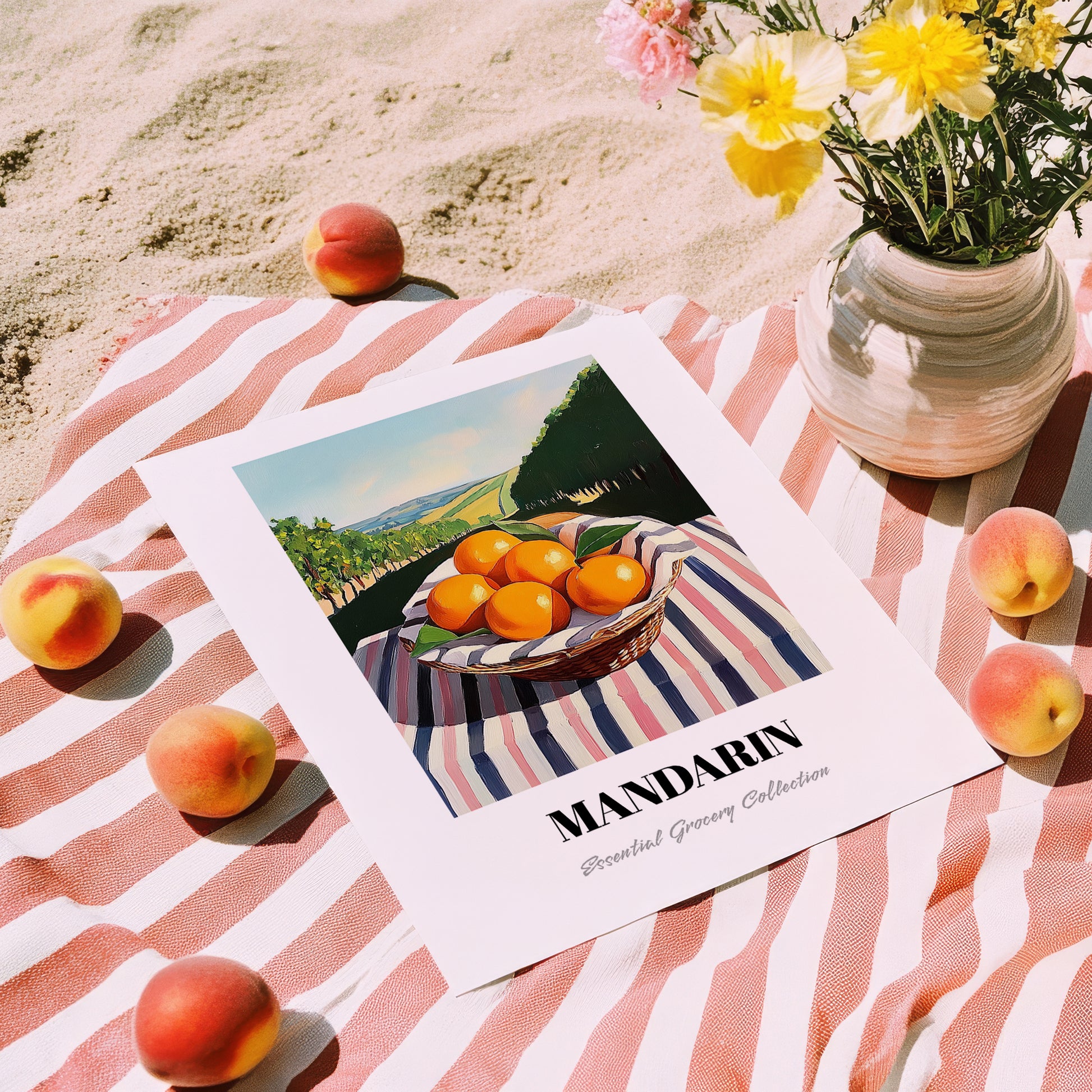 Mandarin – Green Valley Landscape, Fruit Print, unframed on coastal sand