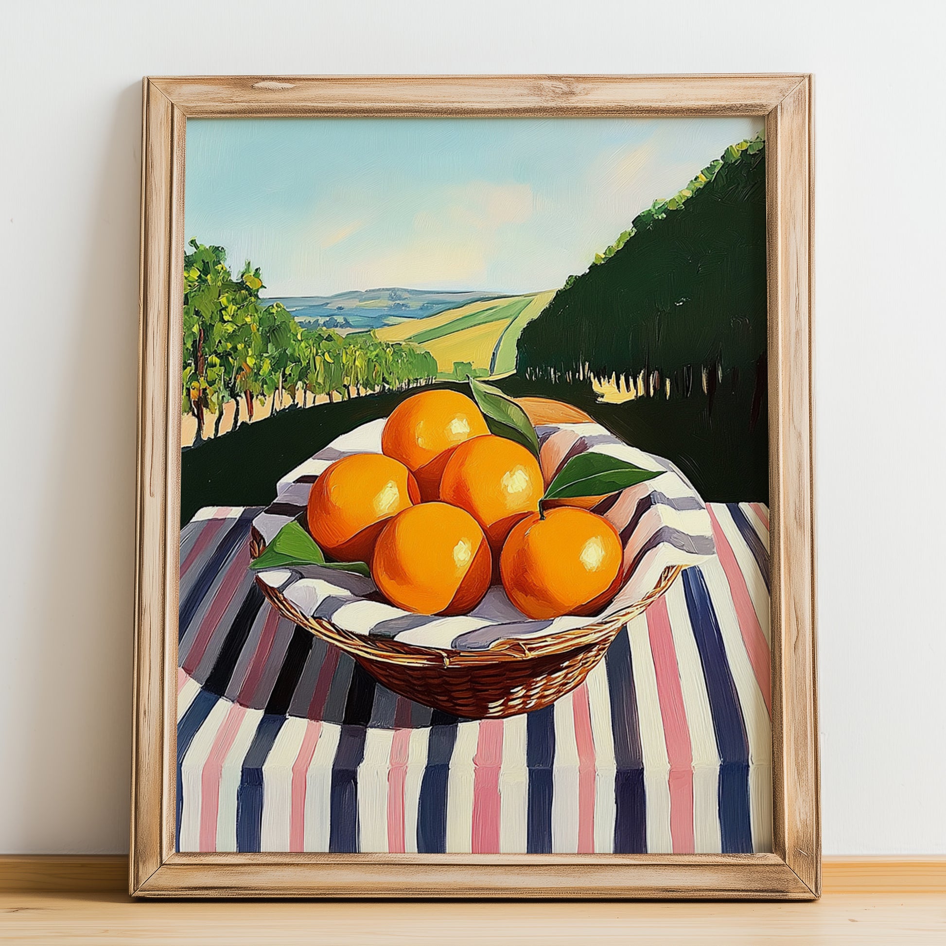 Mandarin – Green Valley Landscape, Fruit Print, no-text version framed in wood