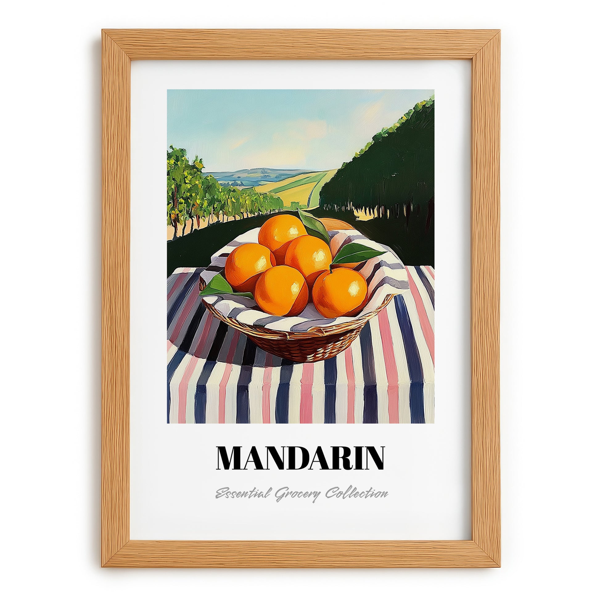 Mandarin – Green Valley Landscape, Fruit Print, set in oak frame