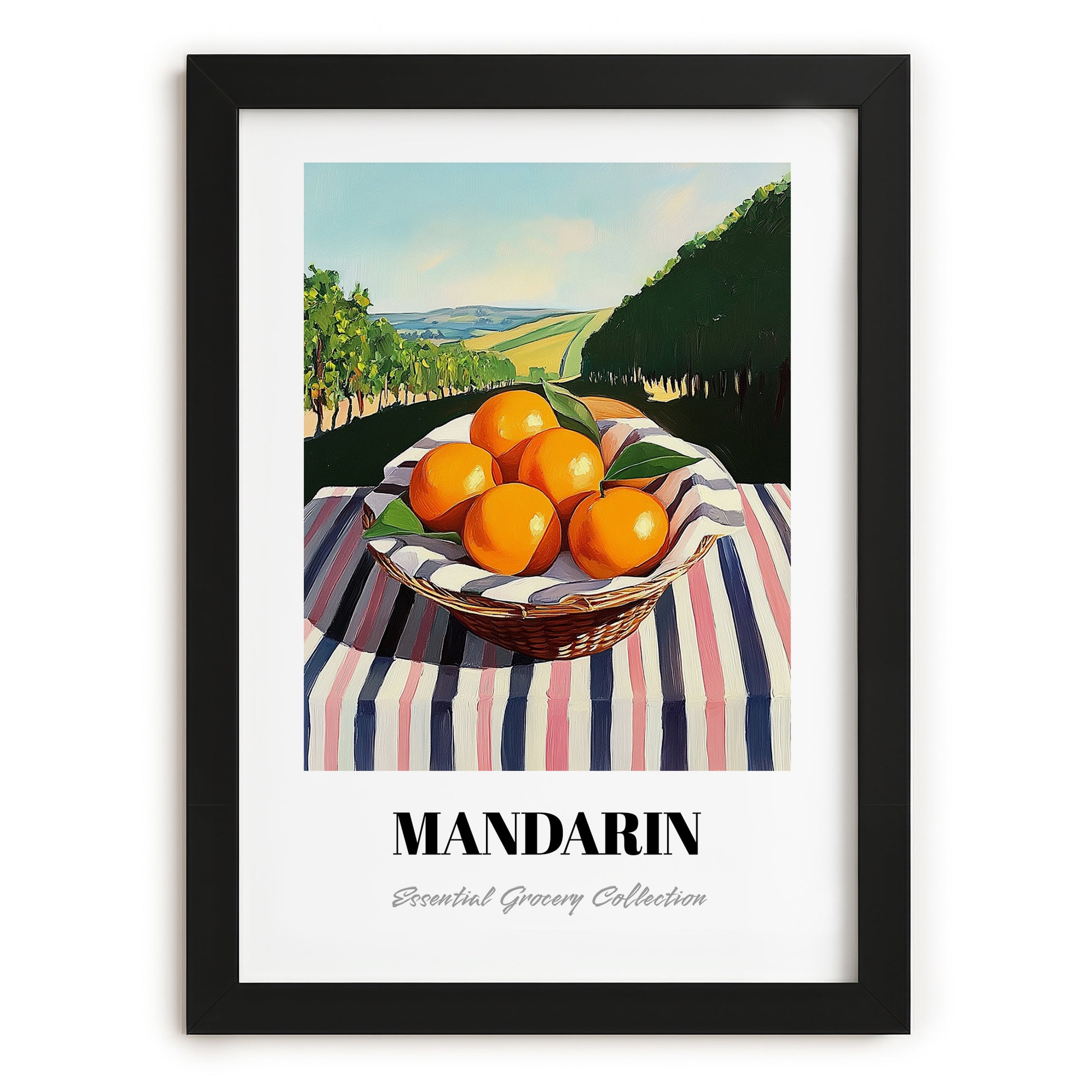 Mandarin – Green Valley Landscape, Fruit Print, in sleek black frame
