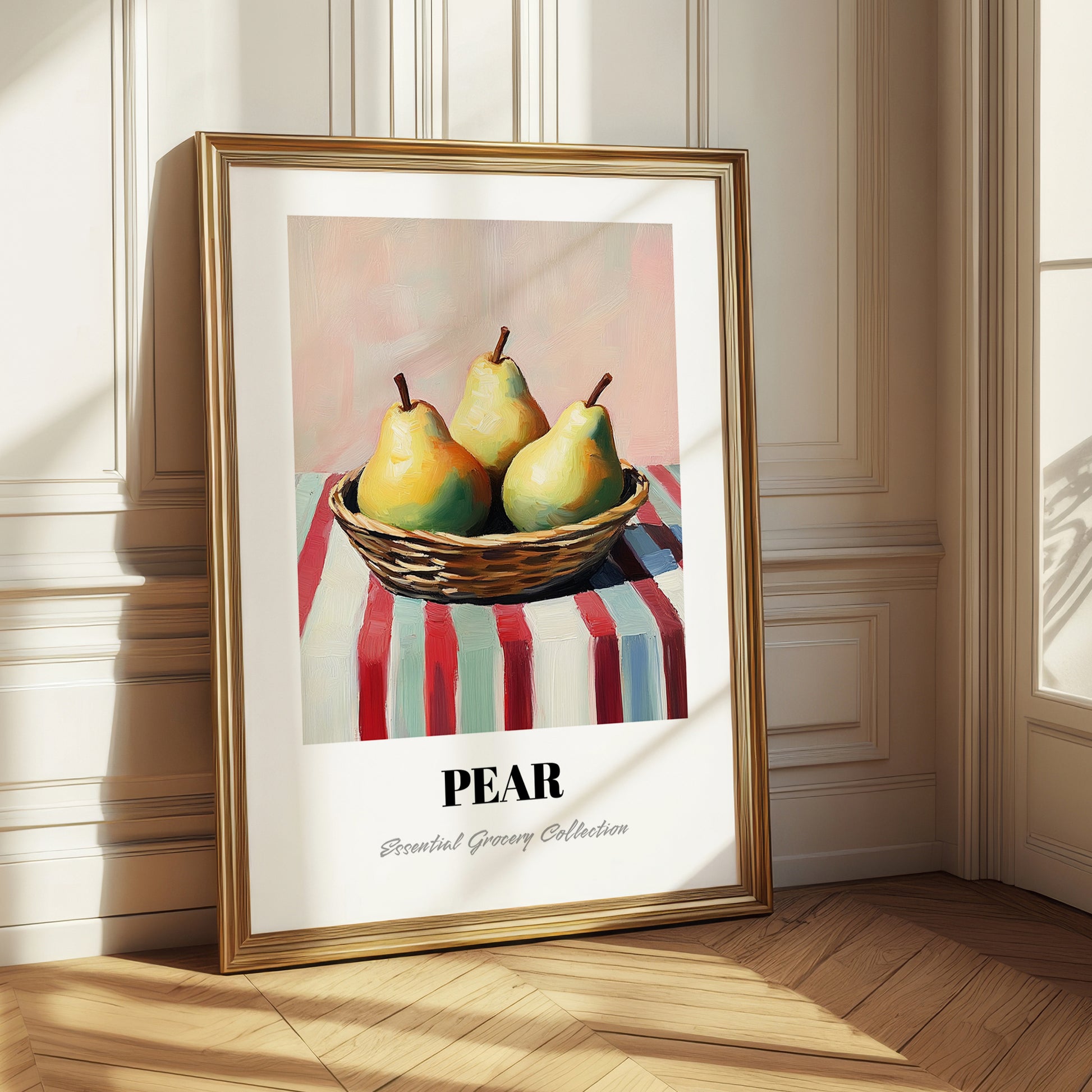 Pear – on Striped Tablecloth, Fruit Wall Decor