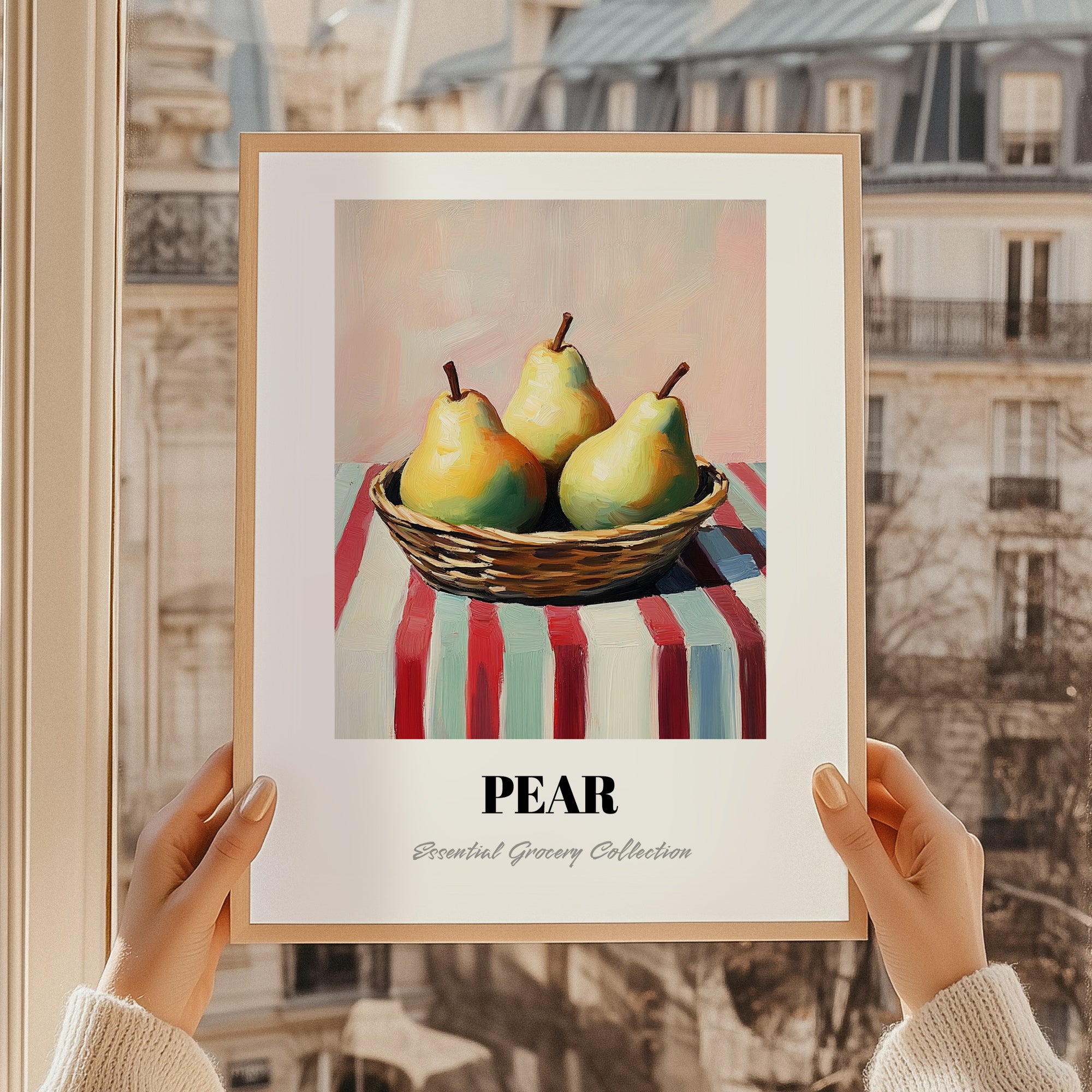 Pear – on Striped Tablecloth, Fruit Wall Decor, styled in a charming Paris street view