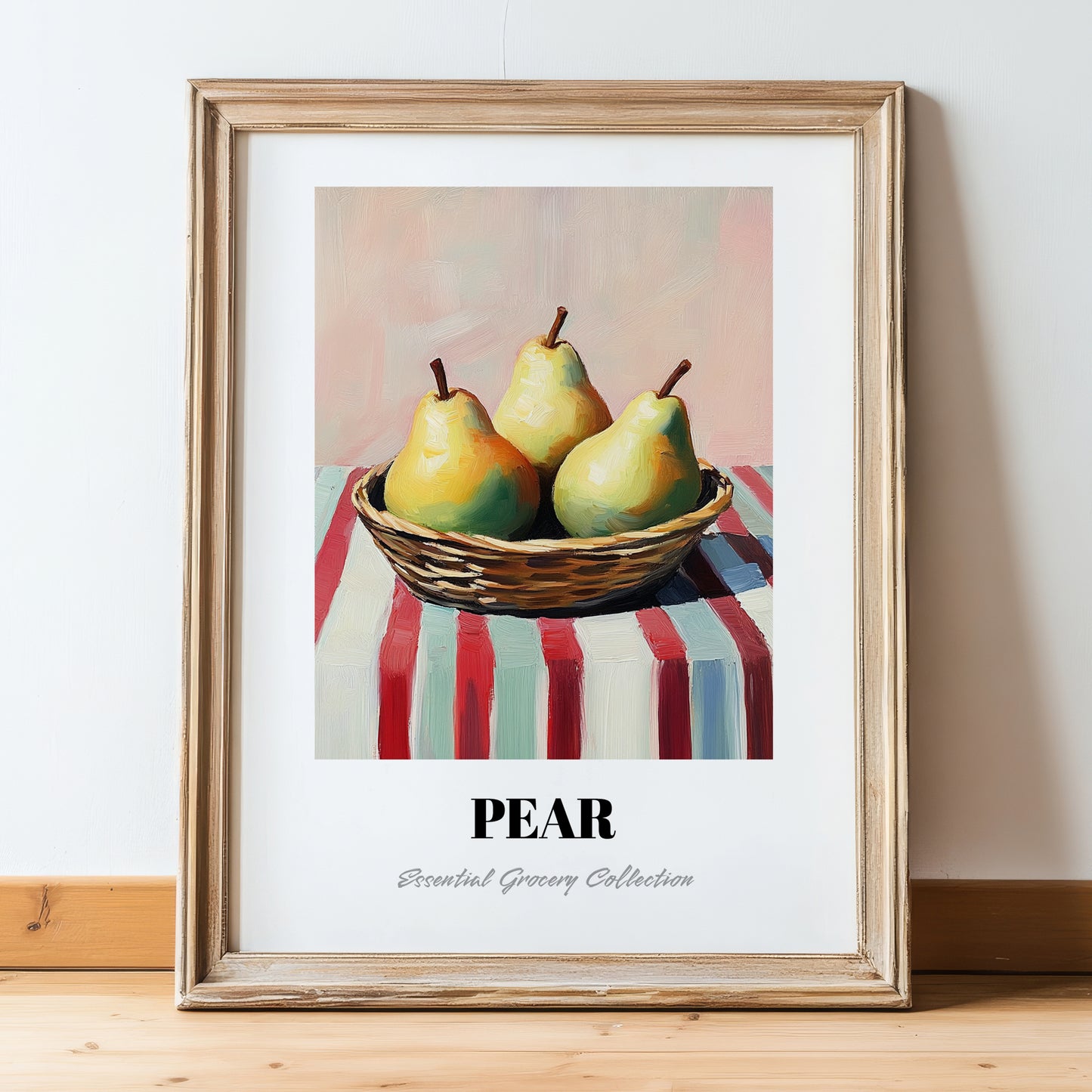 Pear – on Striped Tablecloth, Fruit Wall Decor, in wooden frame leaning on the floor
