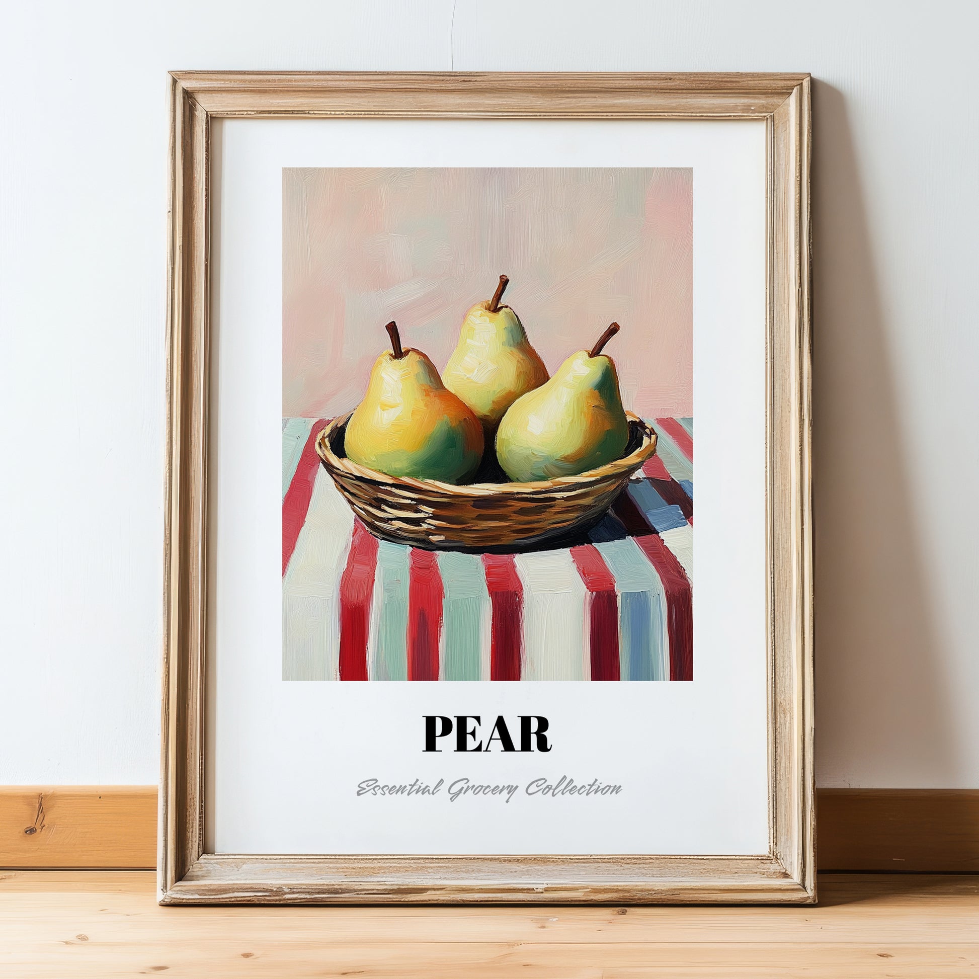 Pear – on Striped Tablecloth, Fruit Wall Decor, in wooden frame leaning on the floor