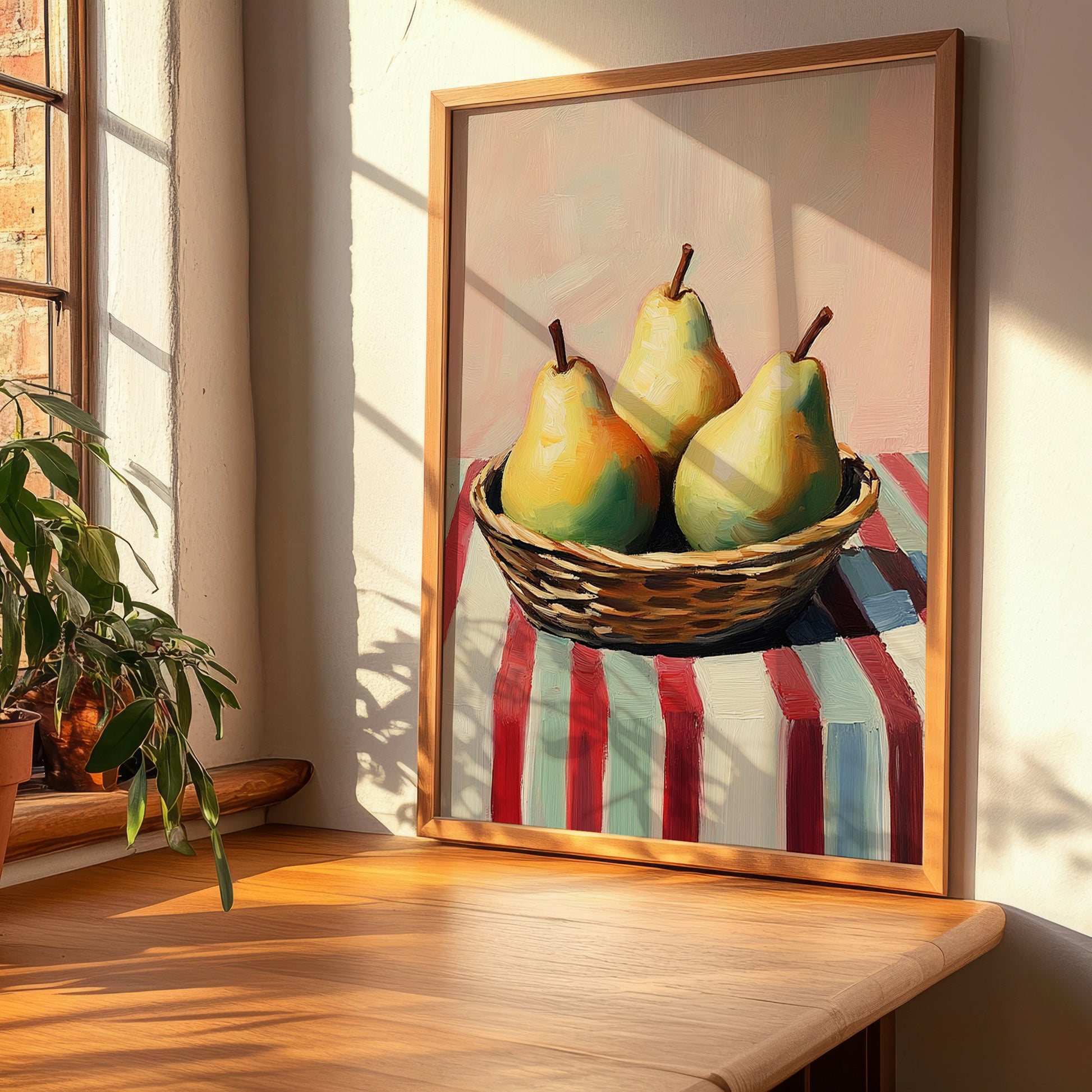 Pear – on Striped Tablecloth, Fruit Wall Decor, clean layout with no caption
