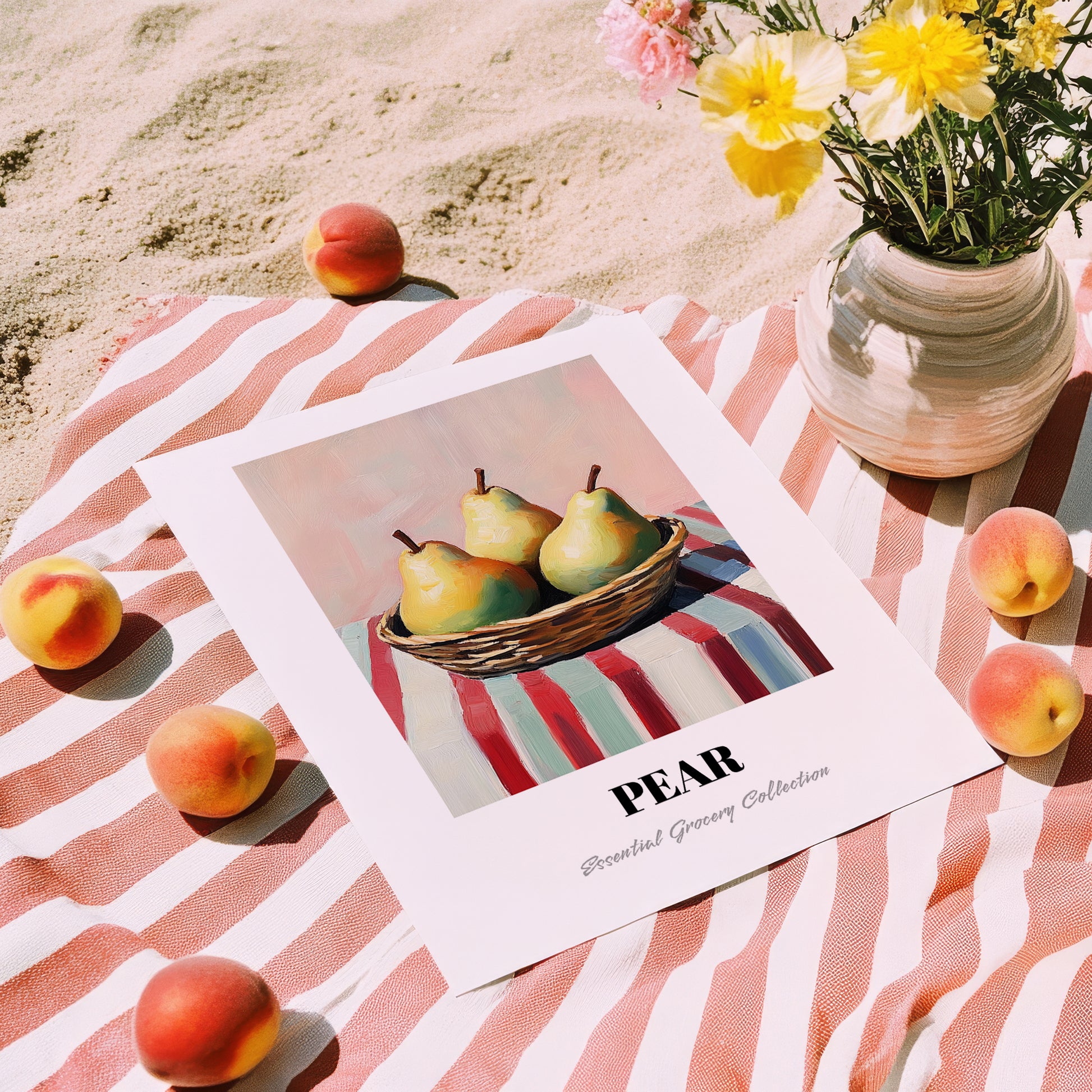 Pear – on Striped Tablecloth, Fruit Wall Decor, unframed on coastal sand