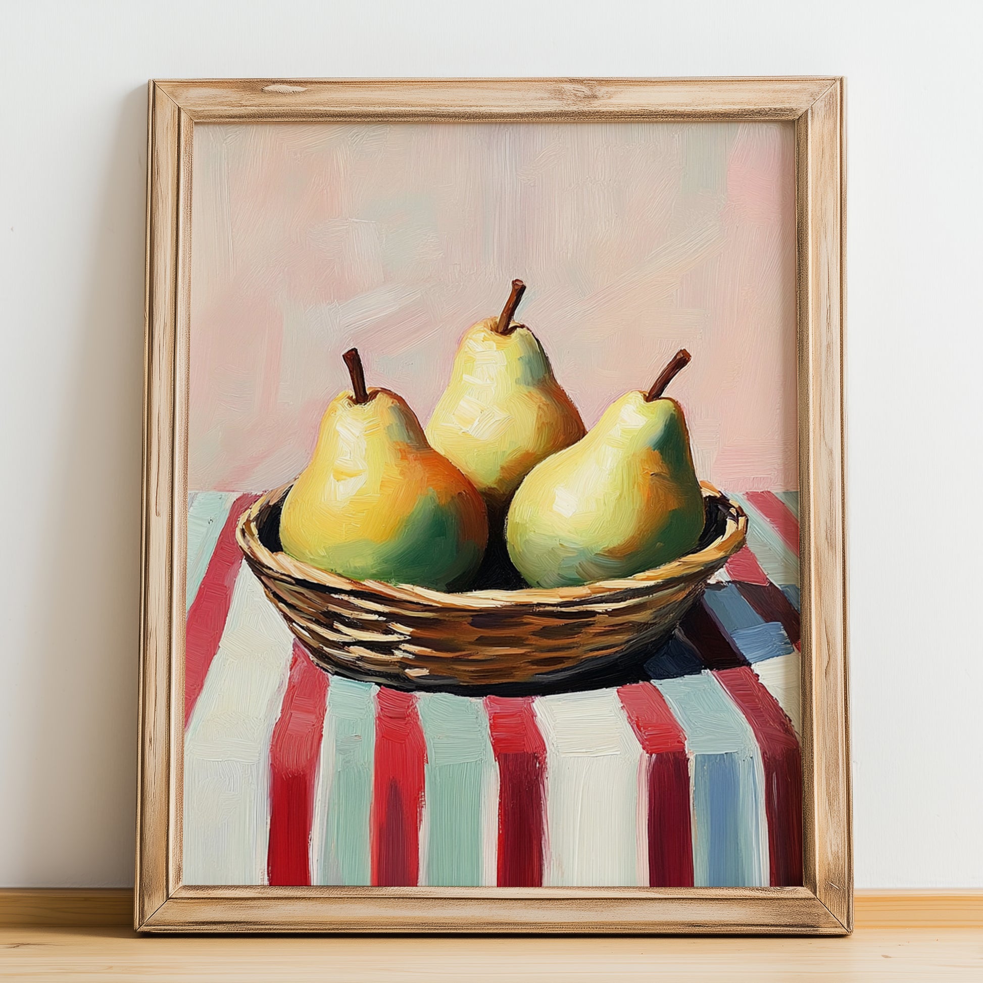 Pear – on Striped Tablecloth, Fruit Wall Decor, no-text version framed in wood
