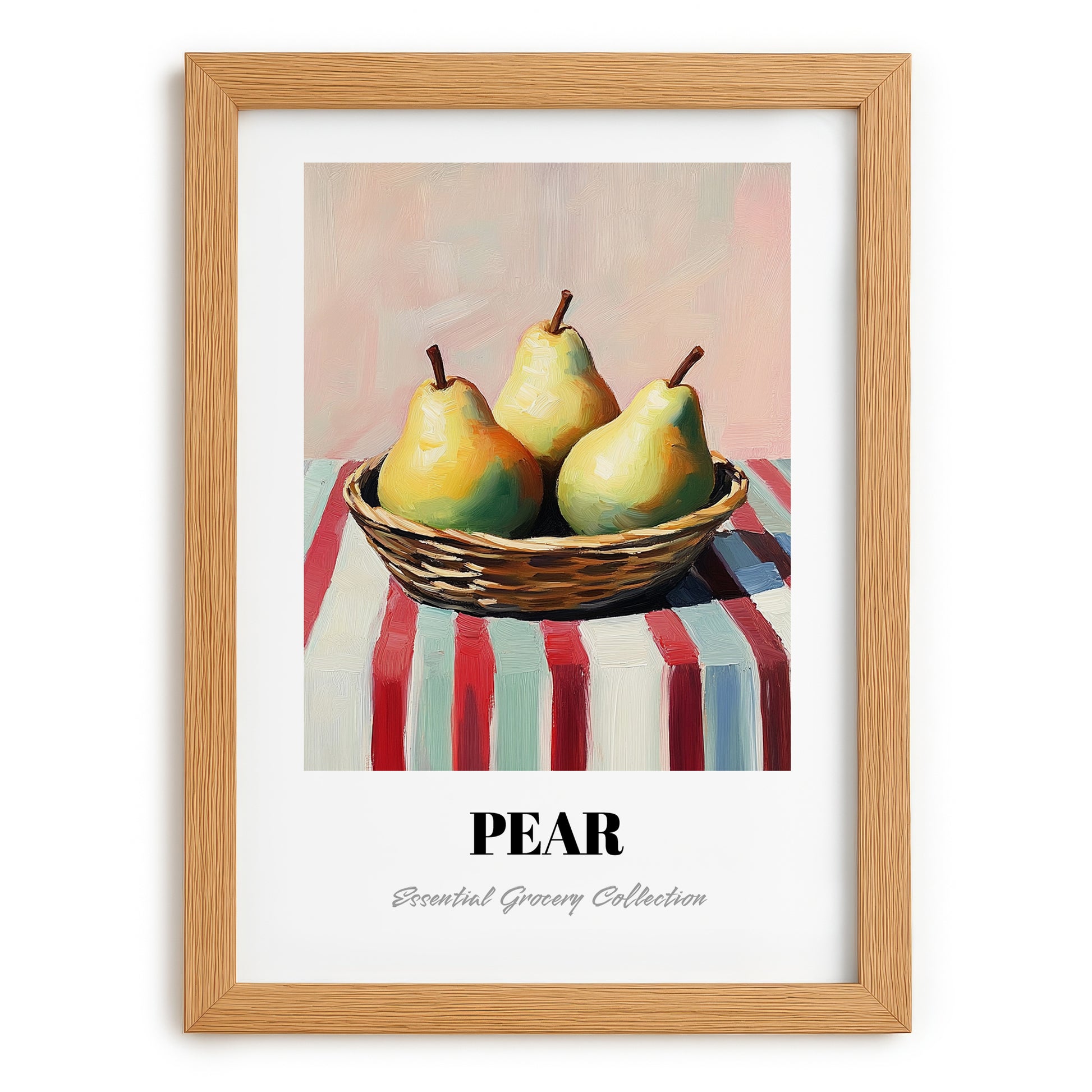 Pear – on Striped Tablecloth, Fruit Wall Decor, set in oak frame