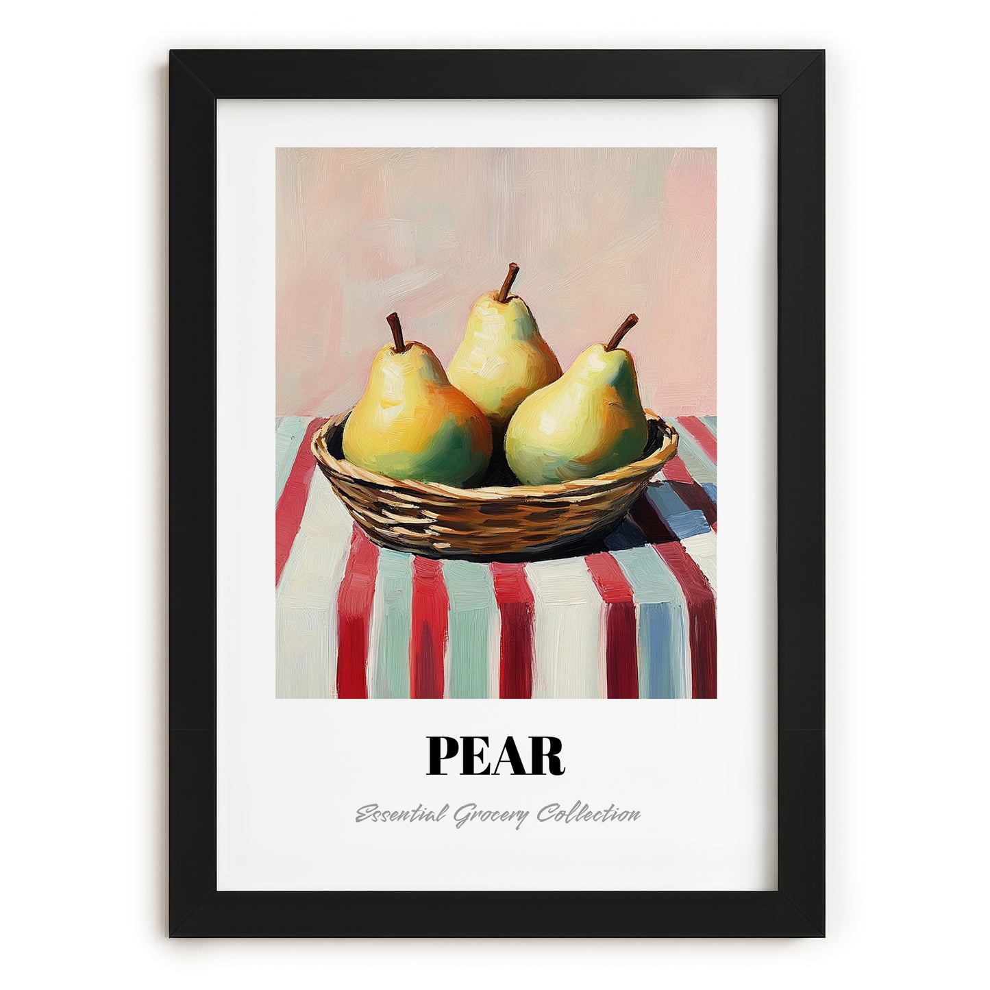 Pear – on Striped Tablecloth, Fruit Wall Decor, in sleek black frame