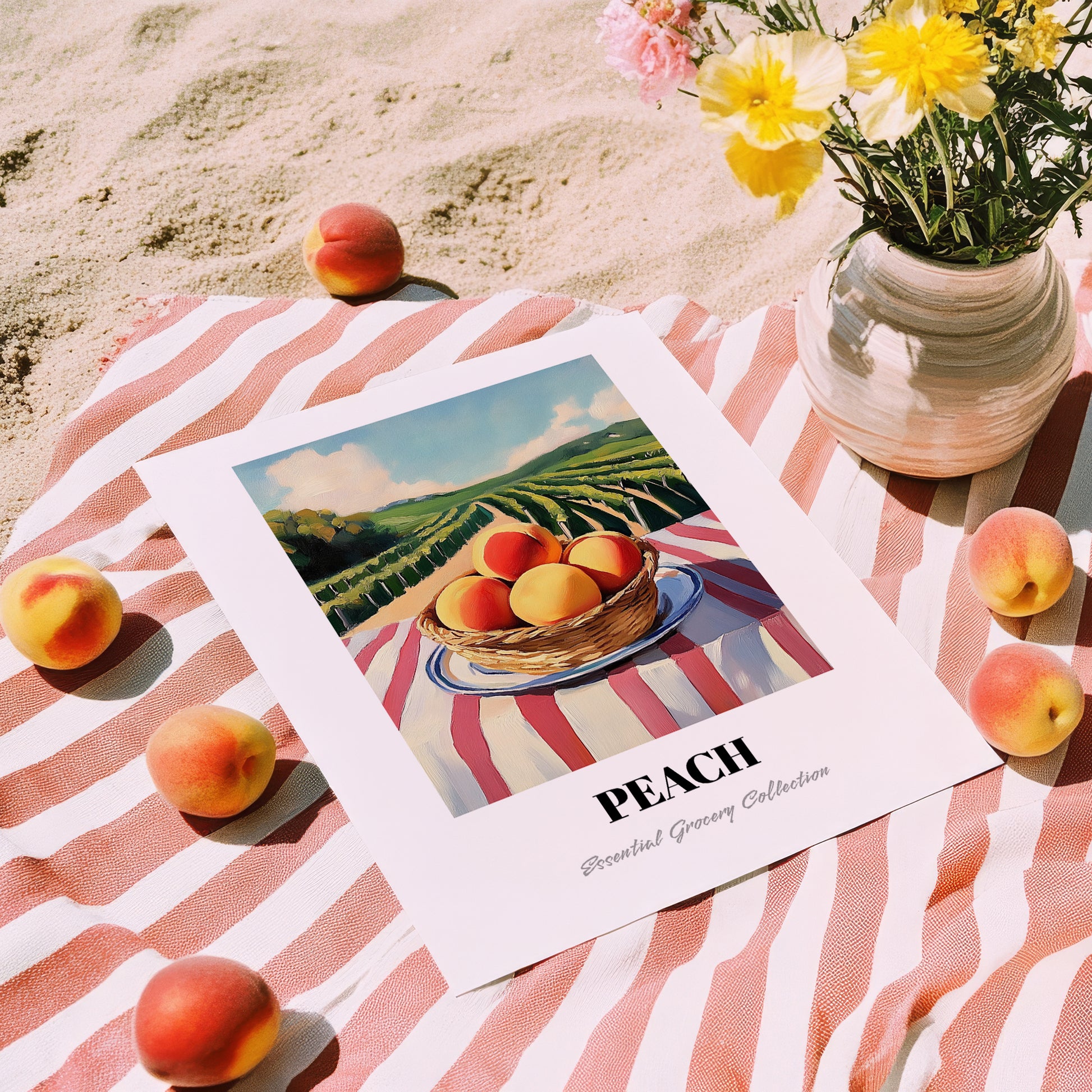 Peach – Valley Café Scene, Fruit Wall Decor, unframed on coastal sand
