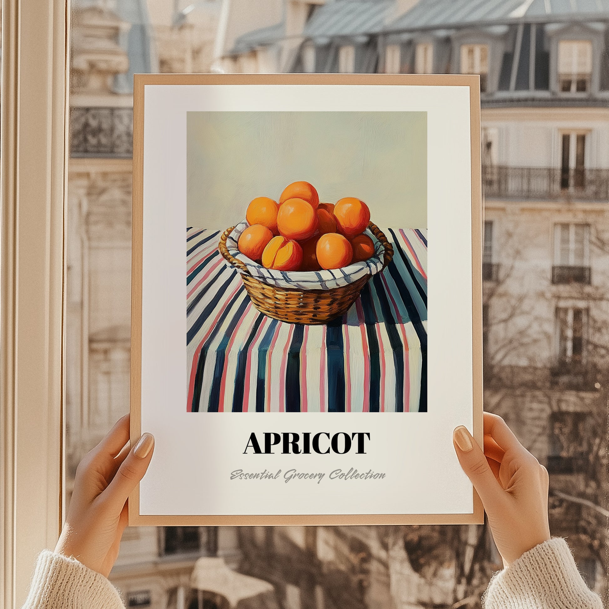 Apricot – on Striped Tablecloth, Fruit Illustration, styled in a charming Paris street view