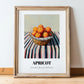 Apricot – on Striped Tablecloth, Fruit Illustration, in wooden frame leaning on the floor