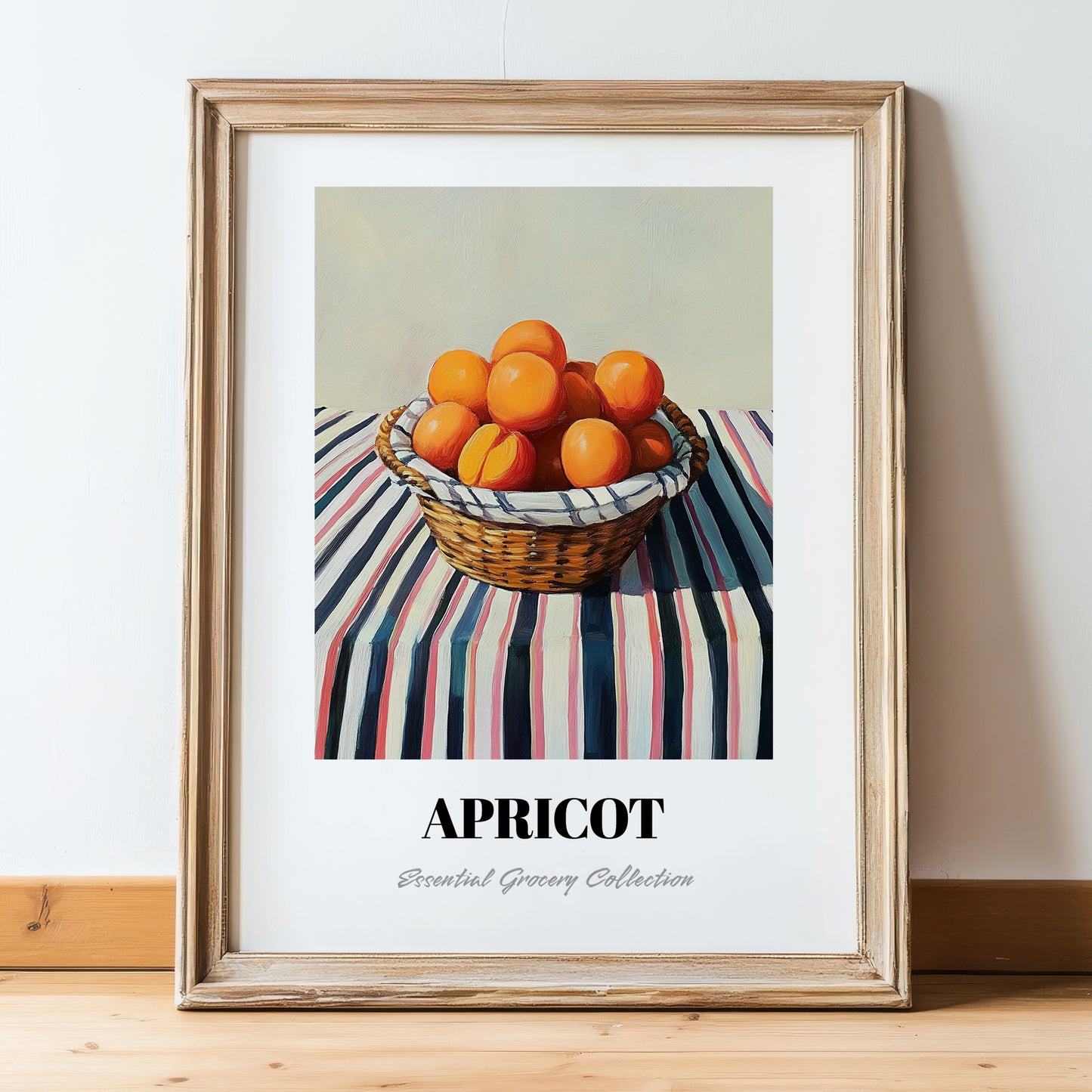 Apricot – on Striped Tablecloth, Fruit Illustration, in wooden frame leaning on the floor