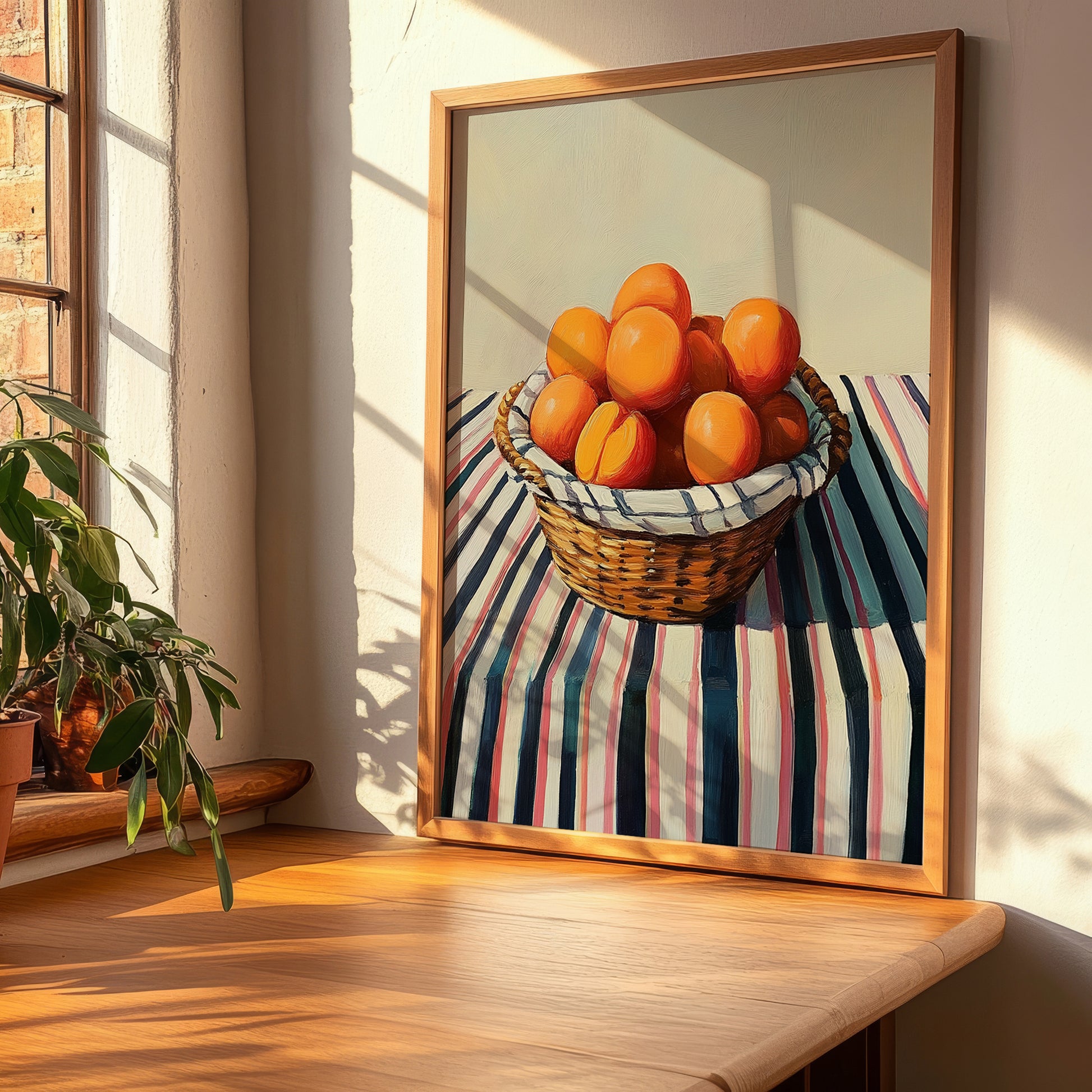 Apricot – on Striped Tablecloth, Fruit Illustration, clean layout with no caption