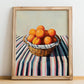 Apricot – on Striped Tablecloth, Fruit Illustration, no-text version framed in wood