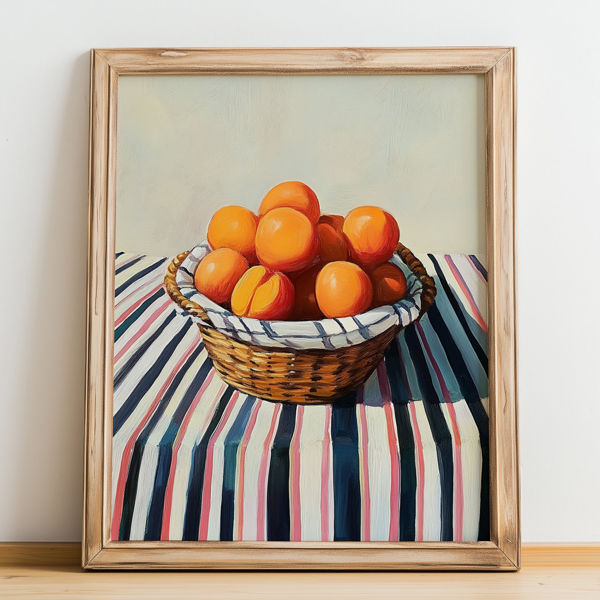 Apricot – on Striped Tablecloth, Fruit Illustration, no-text version framed in wood