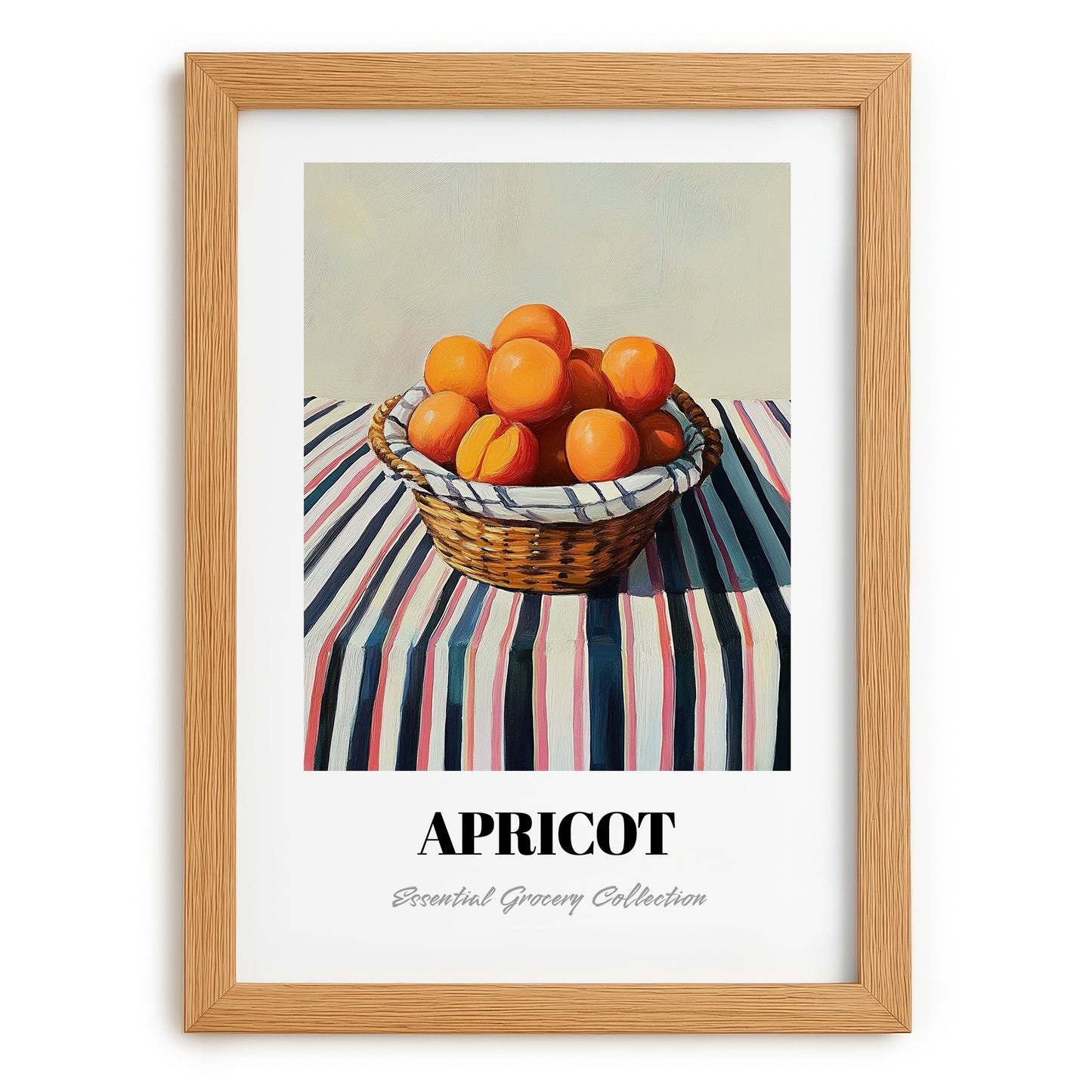 Apricot – on Striped Tablecloth, Fruit Illustration, set in oak frame