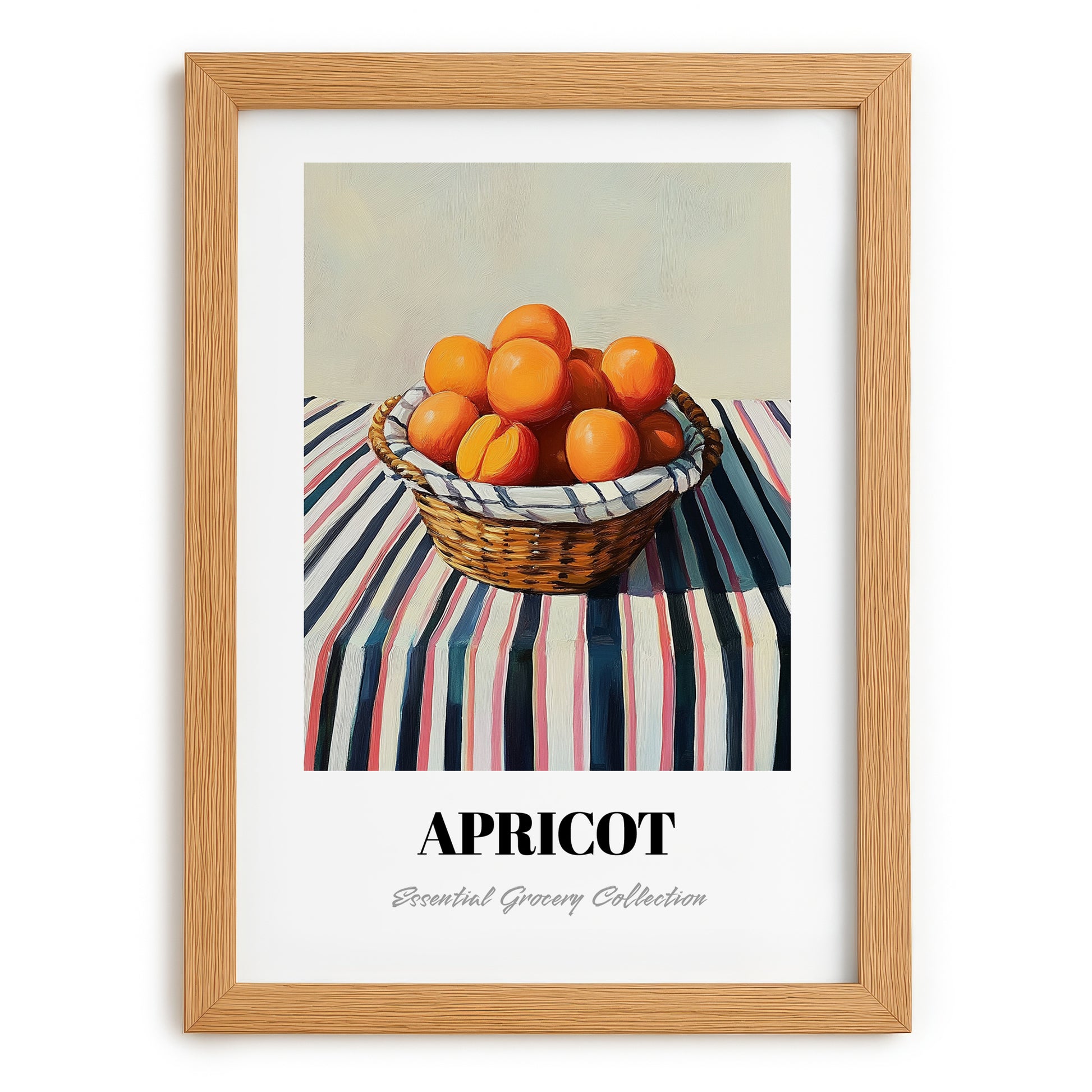 Apricot – on Striped Tablecloth, Fruit Illustration, set in oak frame