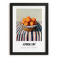 Apricot – on Striped Tablecloth, Fruit Illustration, in sleek black frame