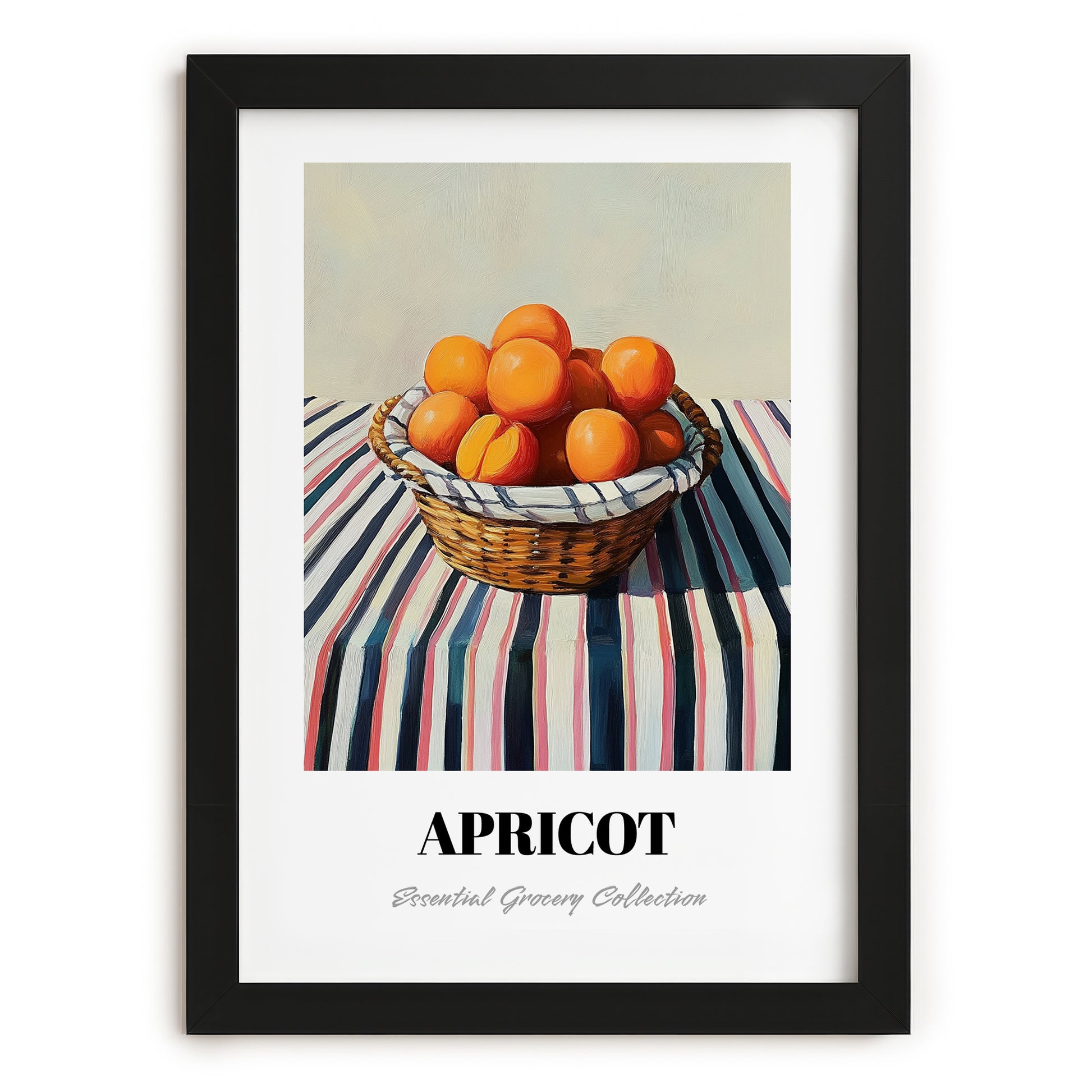 Apricot – on Striped Tablecloth, Fruit Illustration, in sleek black frame