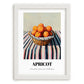 Apricot – on Striped Tablecloth, Fruit Illustration, placed in minimal white frame