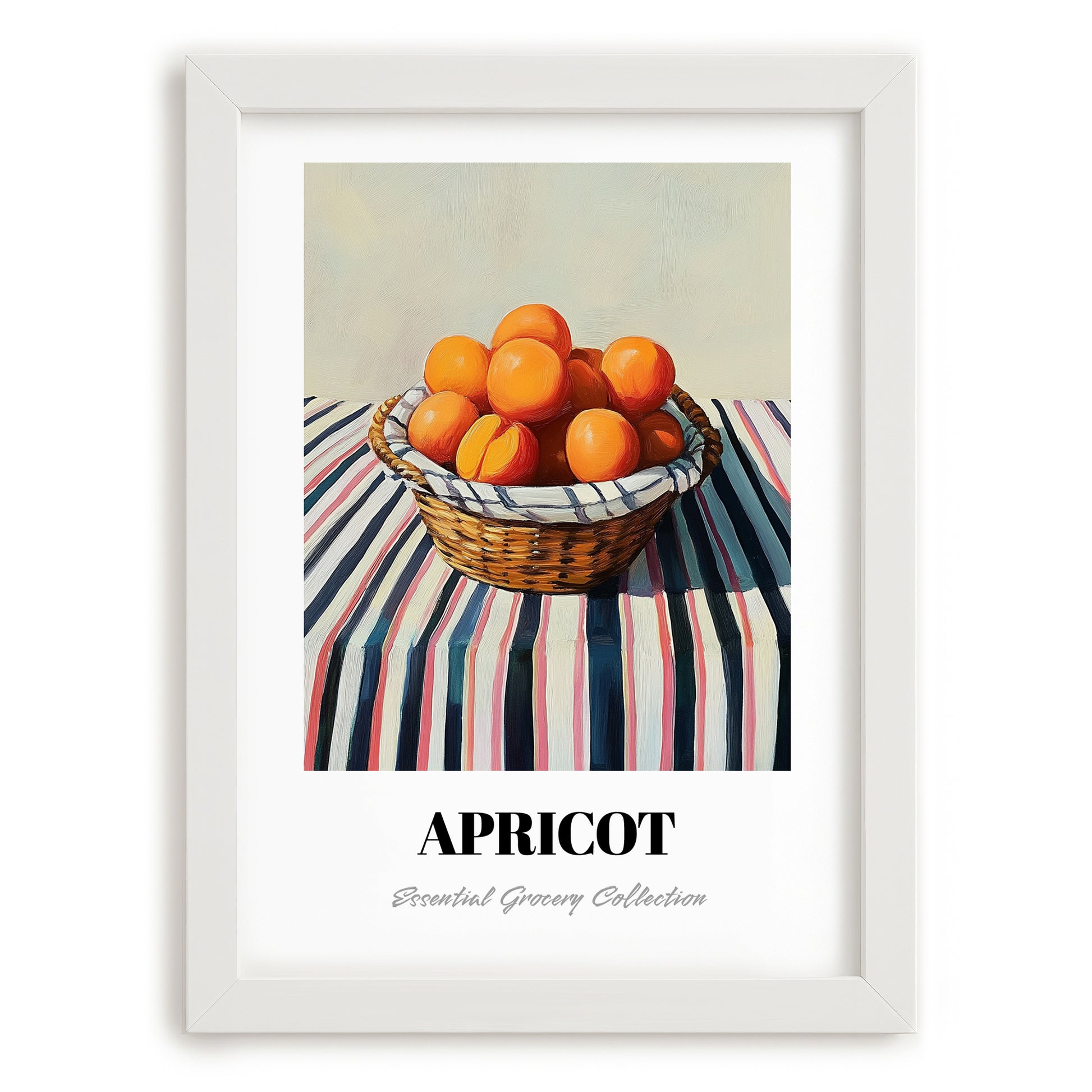 Apricot – on Striped Tablecloth, Fruit Illustration, placed in minimal white frame