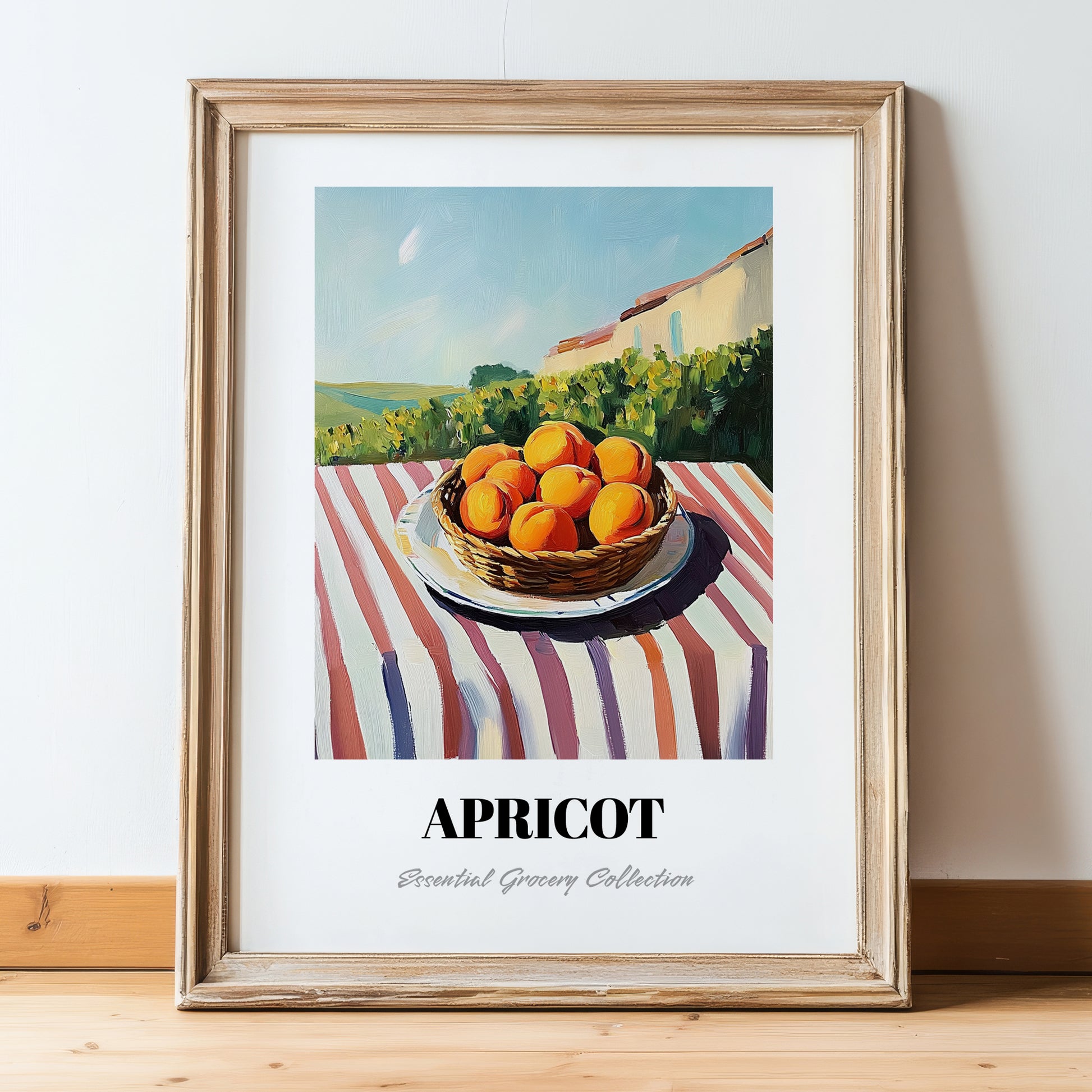 Apricot – Valley Café Scene, Fruit Poster, in wooden frame leaning on the floor