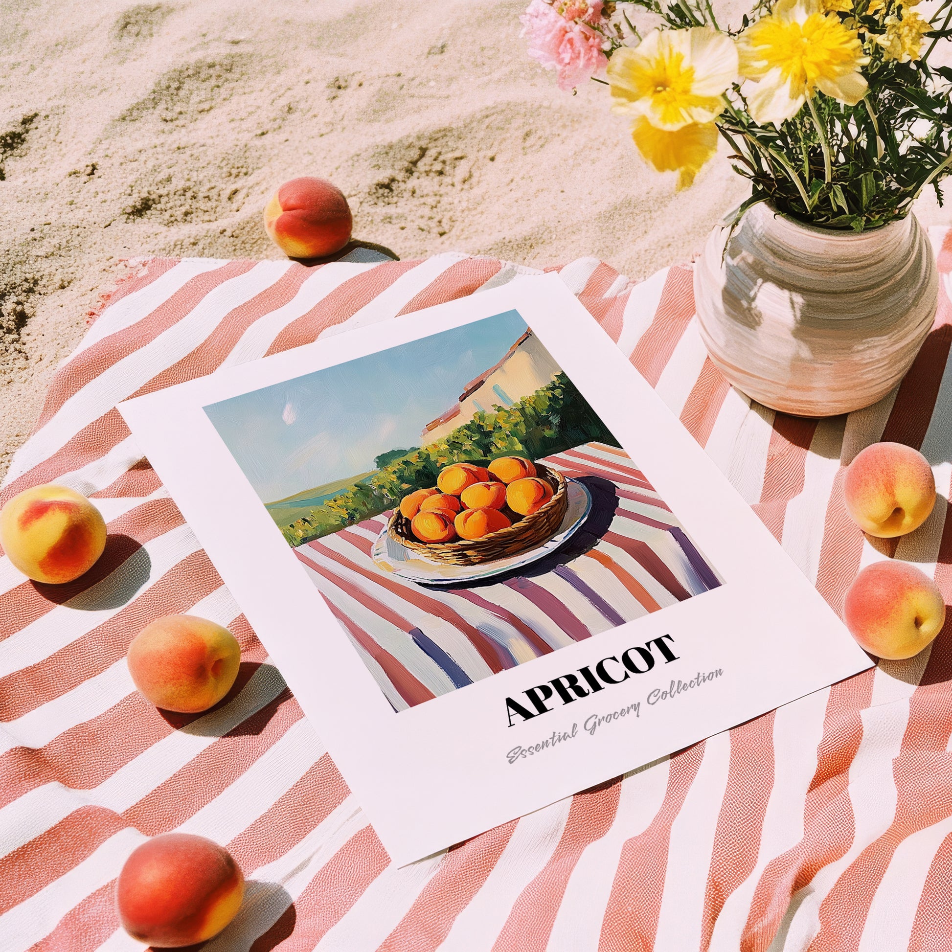 Apricot – Valley Café Scene, Fruit Poster, unframed on coastal sand