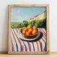 Apricot – Valley Café Scene, Fruit Poster, no-text version framed in wood