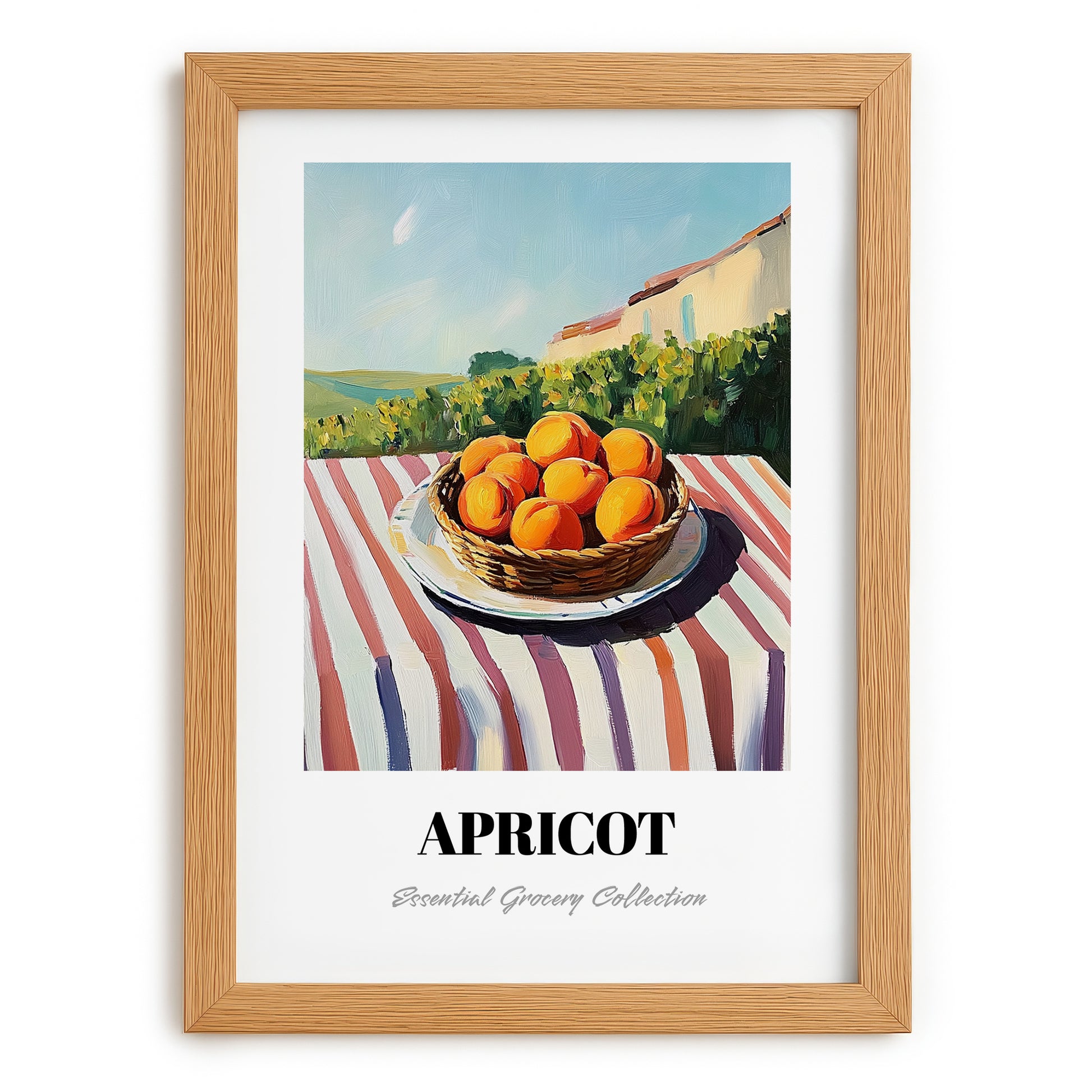 Apricot – Valley Café Scene, Fruit Poster, set in oak frame