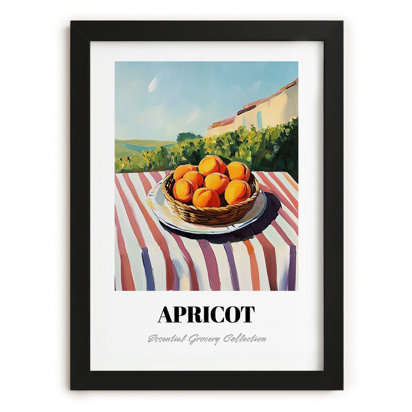 Apricot – Valley Café Scene, Fruit Poster, in sleek black frame
