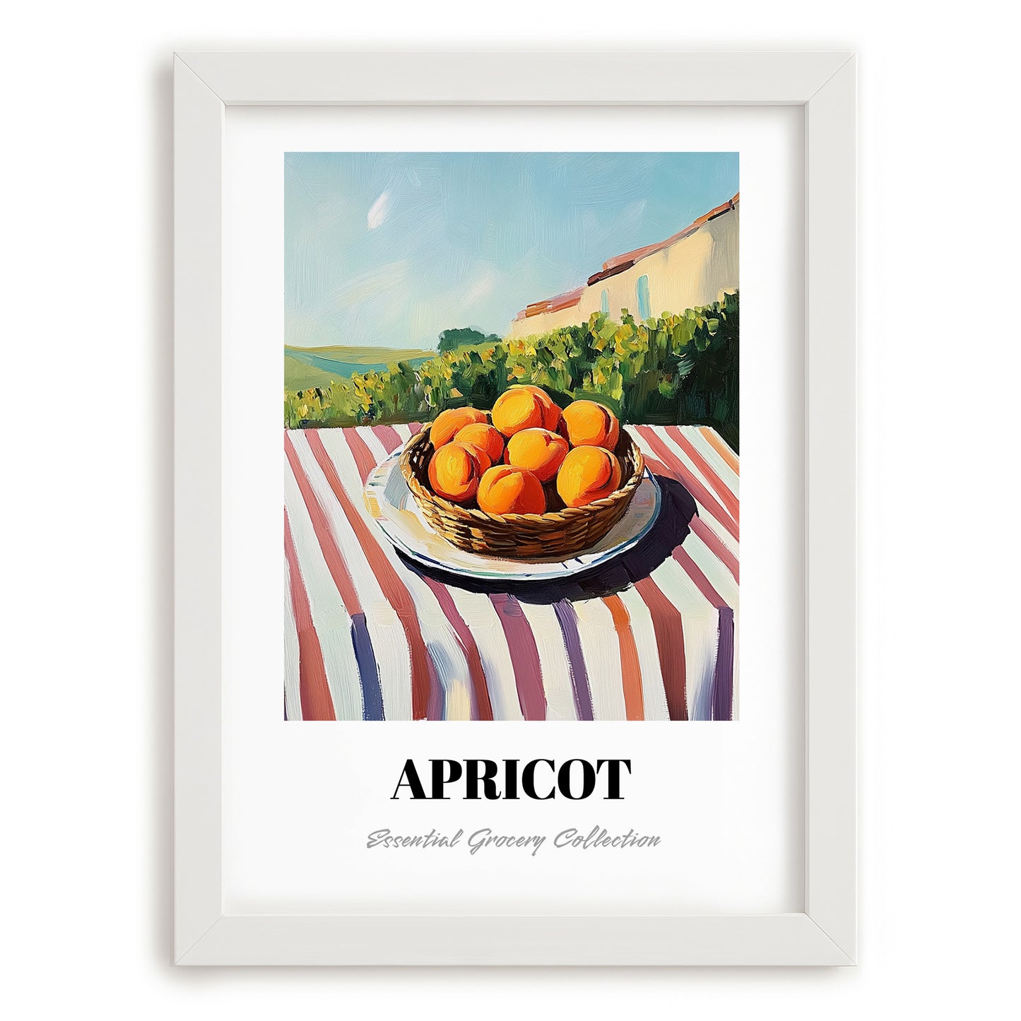 Apricot – Valley Café Scene, Fruit Poster, placed in minimal white frame