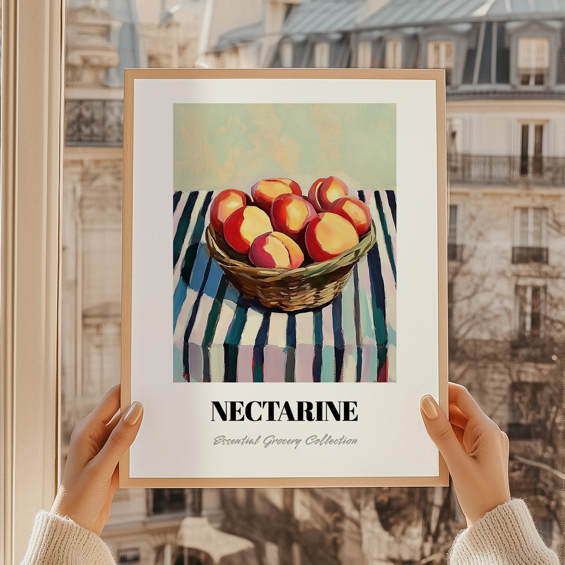 Nectarine – on Striped Tablecloth, Fruit Illustration, styled in a charming Paris street view