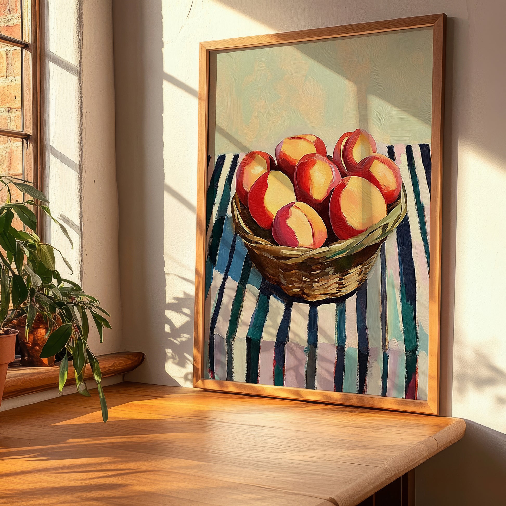 Nectarine – on Striped Tablecloth, Fruit Illustration, clean layout with no caption