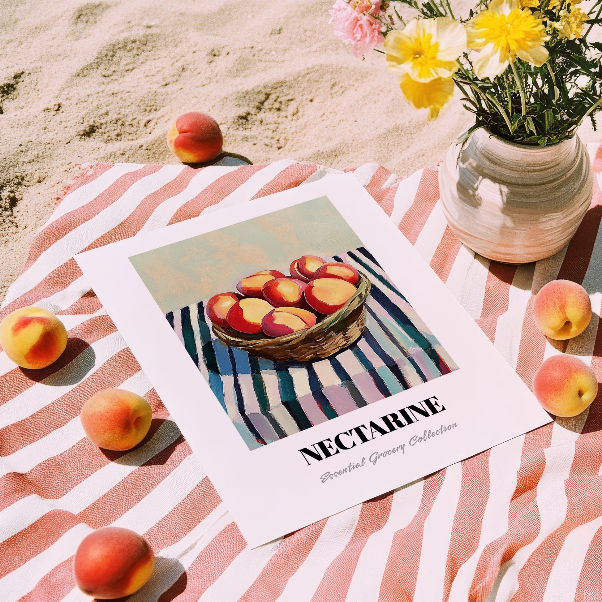 Nectarine – on Striped Tablecloth, Fruit Illustration, unframed on coastal sand