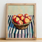 Nectarine – on Striped Tablecloth, Fruit Illustration, no-text version framed in wood