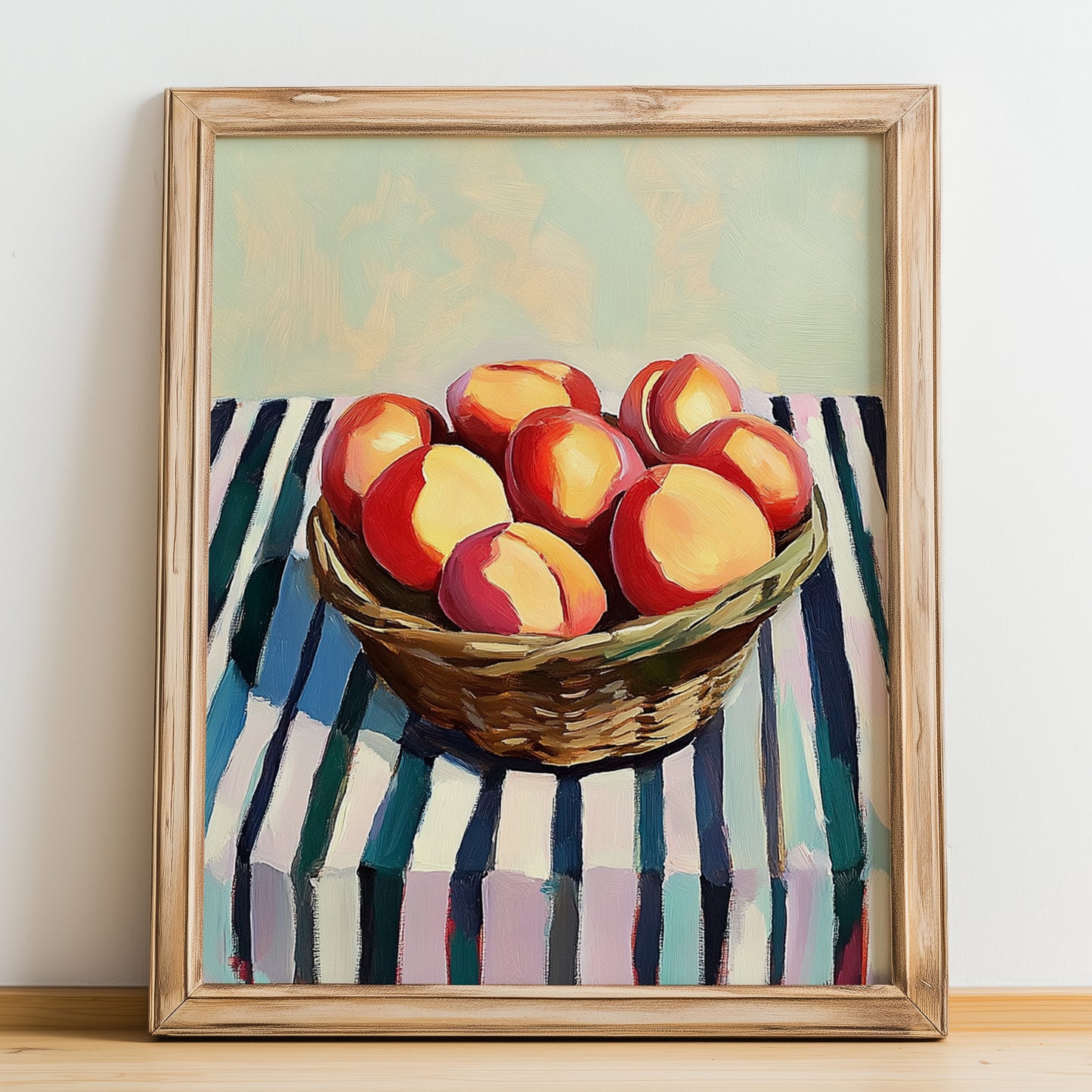 Nectarine – on Striped Tablecloth, Fruit Illustration, no-text version framed in wood
